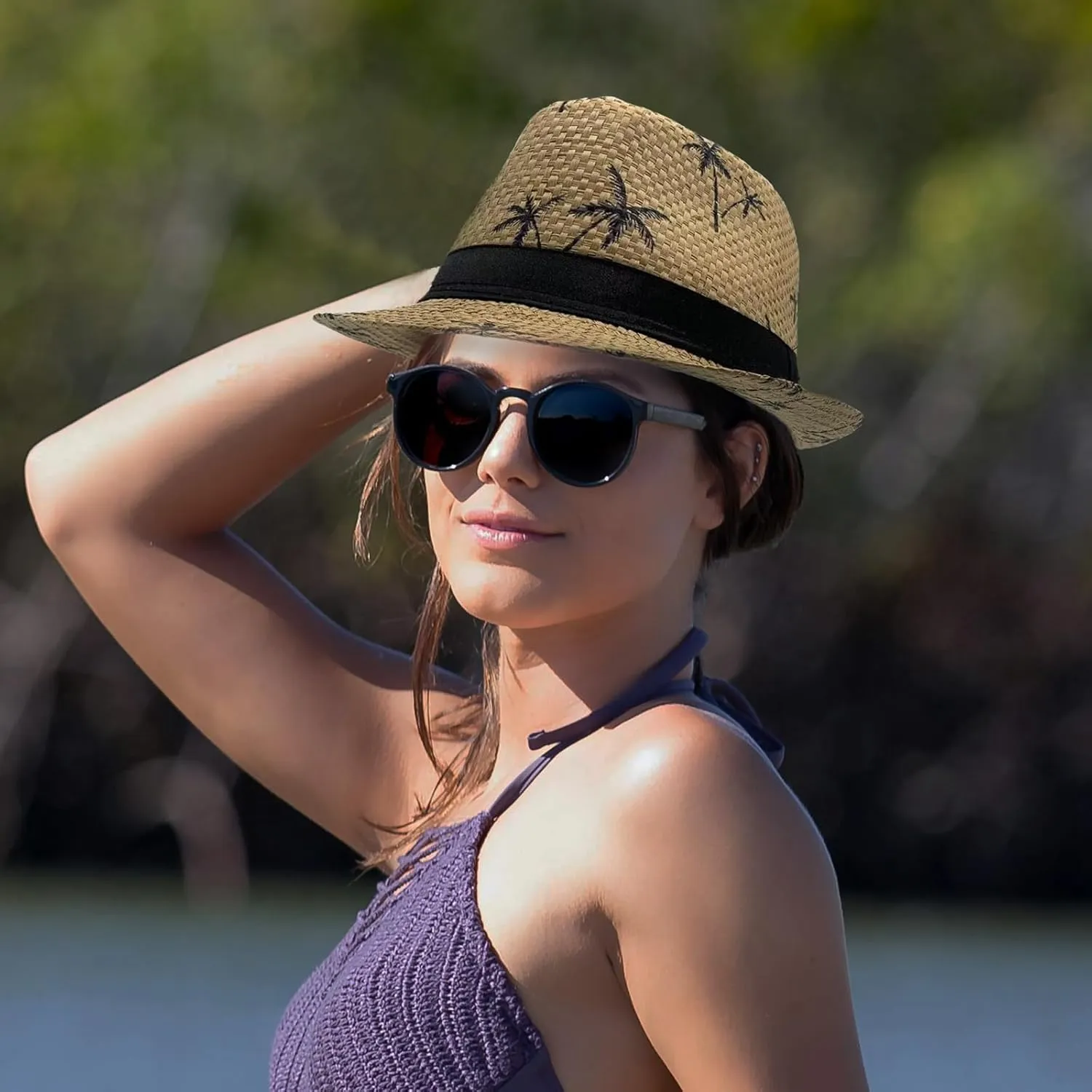 2 Pack Straw Fedora Hats for Men and Women, Short Brim Summer Beach hat, Trilby Panama Sun Hats.