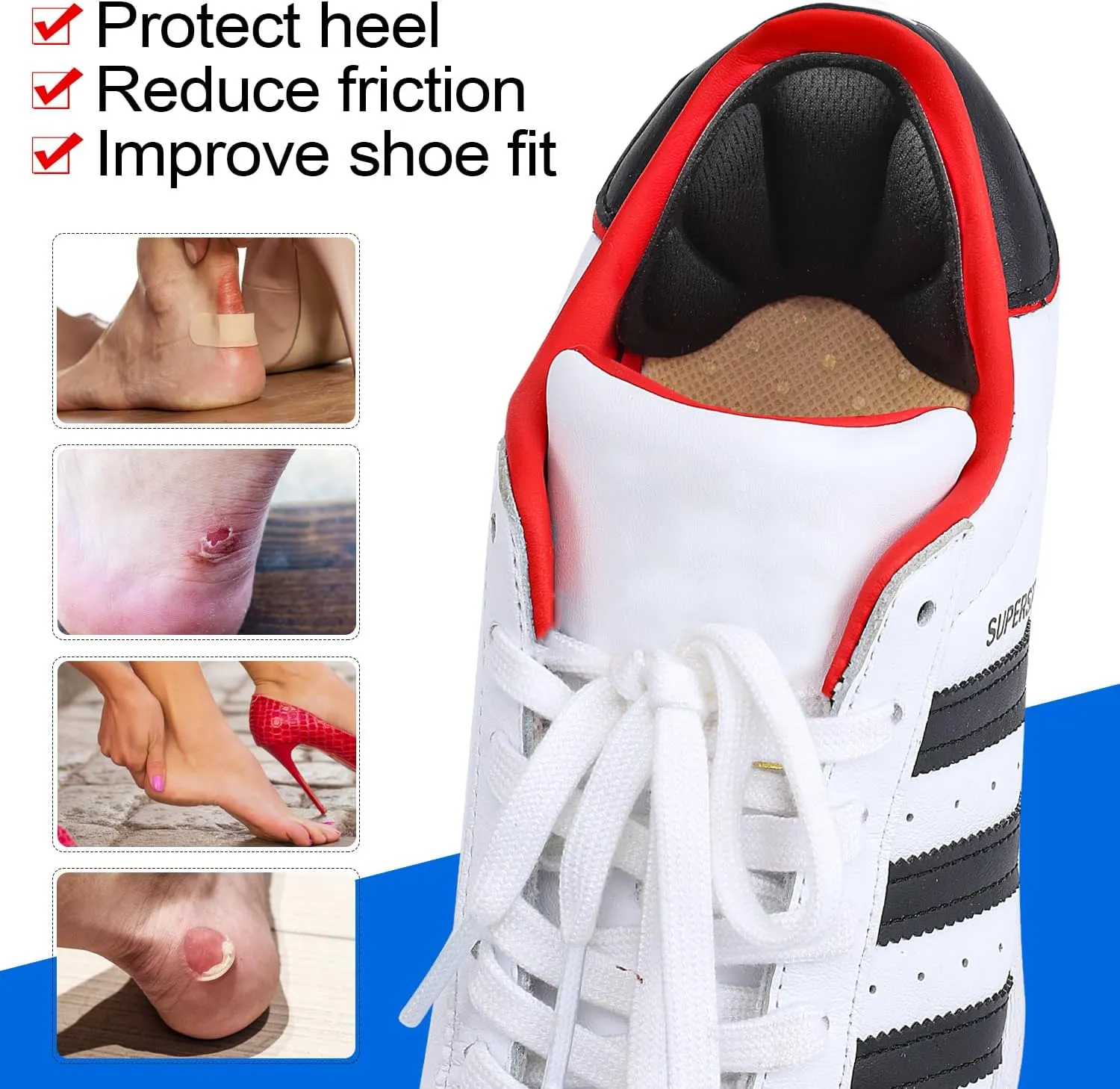 Adhesive Back of Heel Cushion Pads, Heel Grips Inserts for Boots, Too Big Loose Shoes, Reusable Heel Guards Liners for Women Men, Improve Shoe Fit