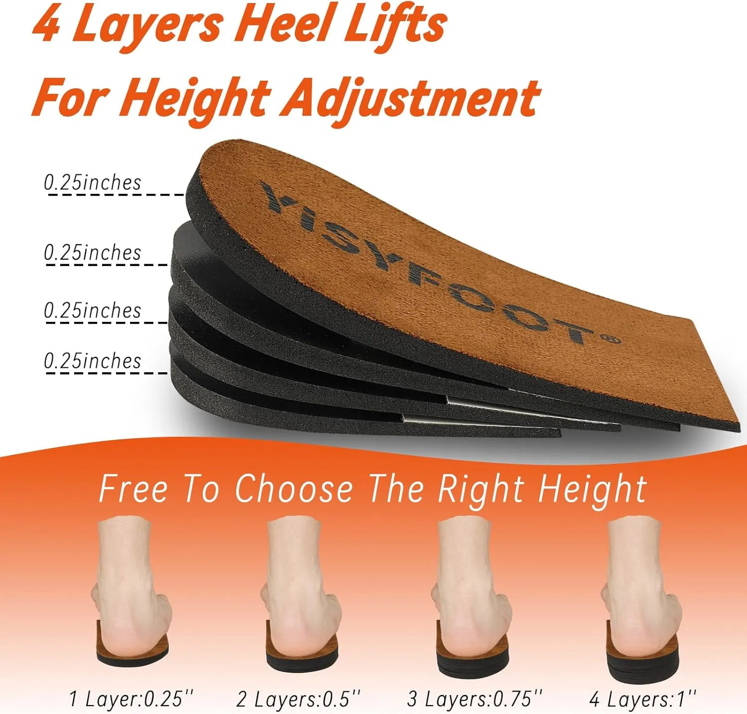 Adjustable Orthopedic Heel Lift Inserts for Shoes - 4 Layers for Uneven Legs, Height Increase Insole for Leg Length Discrepancies, Achilles Tendonitis, Heel Pain (Brown, Small: Pack of 1)