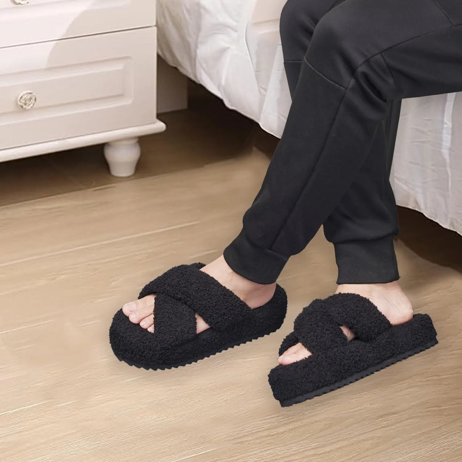 AEROPOSTALE Fuzzy Open Toe Slippers Shoes for Women  Soft Faux Sherpa Fur House Slippers with Memory Foam X Band, Indoor & Outdoor Non-Slip Sole, Fluffy Criss-Cross Design for Bedroom, Spa, and Lounge