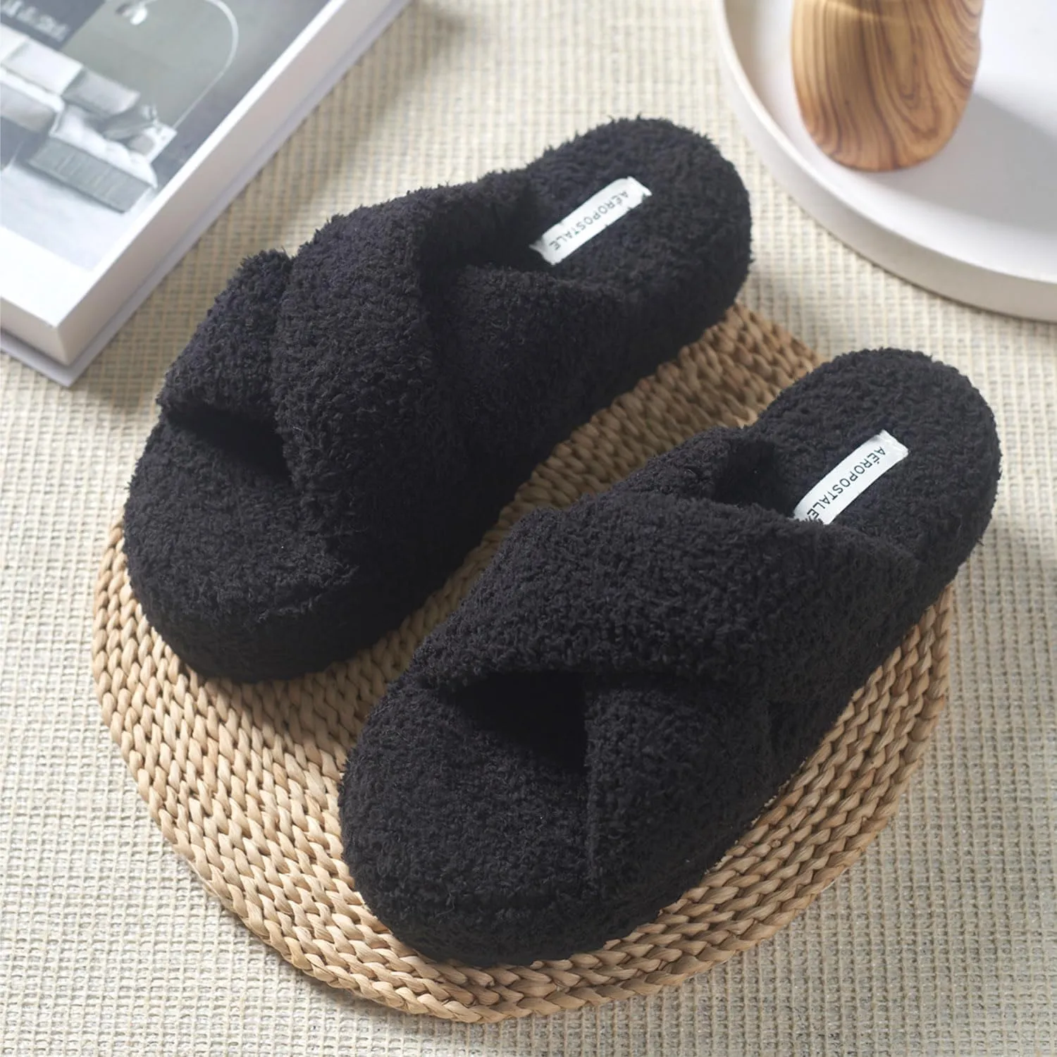 AEROPOSTALE Fuzzy Open Toe Slippers Shoes for Women  Soft Faux Sherpa Fur House Slippers with Memory Foam X Band, Indoor & Outdoor Non-Slip Sole, Fluffy Criss-Cross Design for Bedroom, Spa, and Lounge