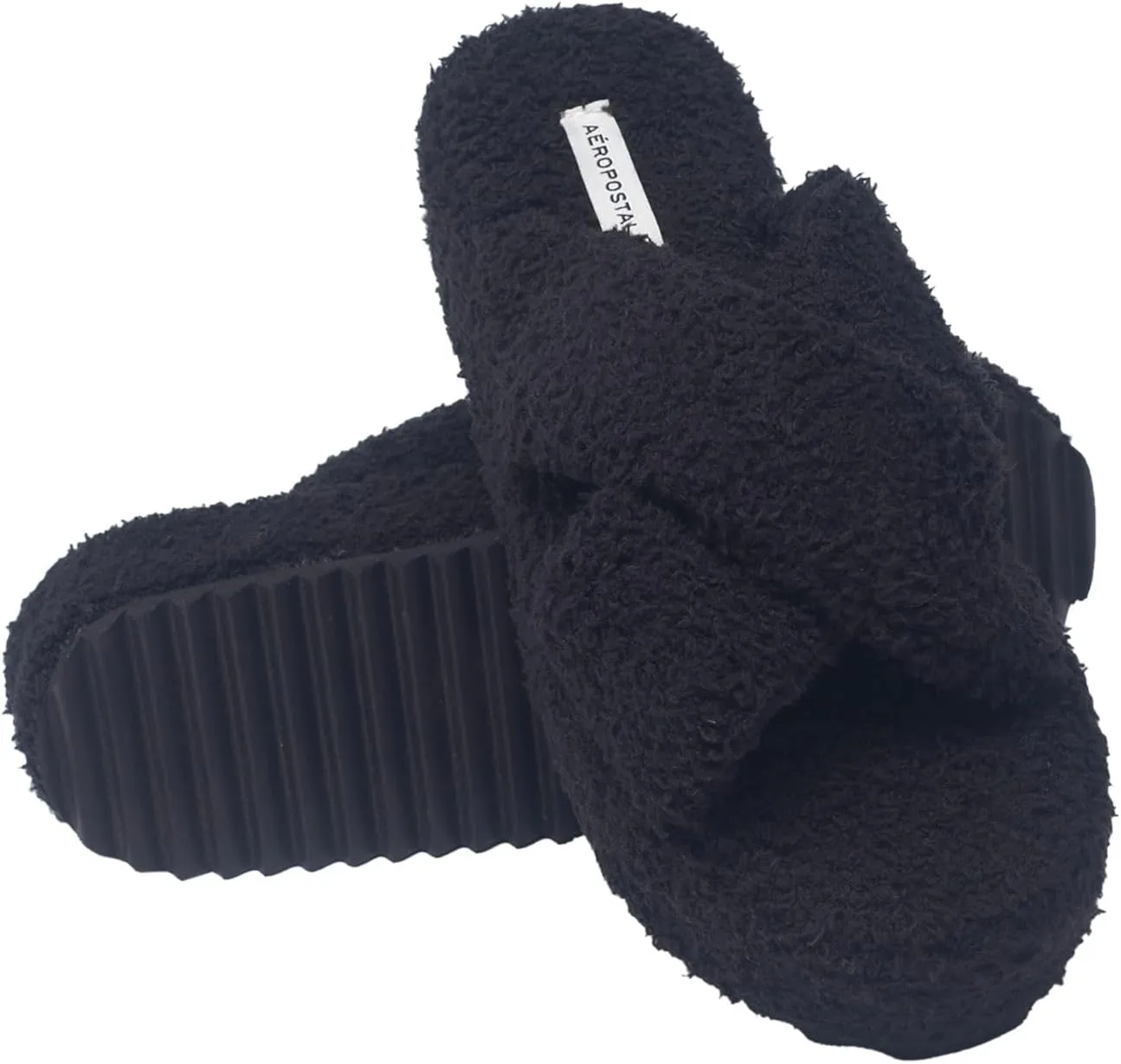 AEROPOSTALE Fuzzy Open Toe Slippers Shoes for Women  Soft Faux Sherpa Fur House Slippers with Memory Foam X Band, Indoor & Outdoor Non-Slip Sole, Fluffy Criss-Cross Design for Bedroom, Spa, and Lounge