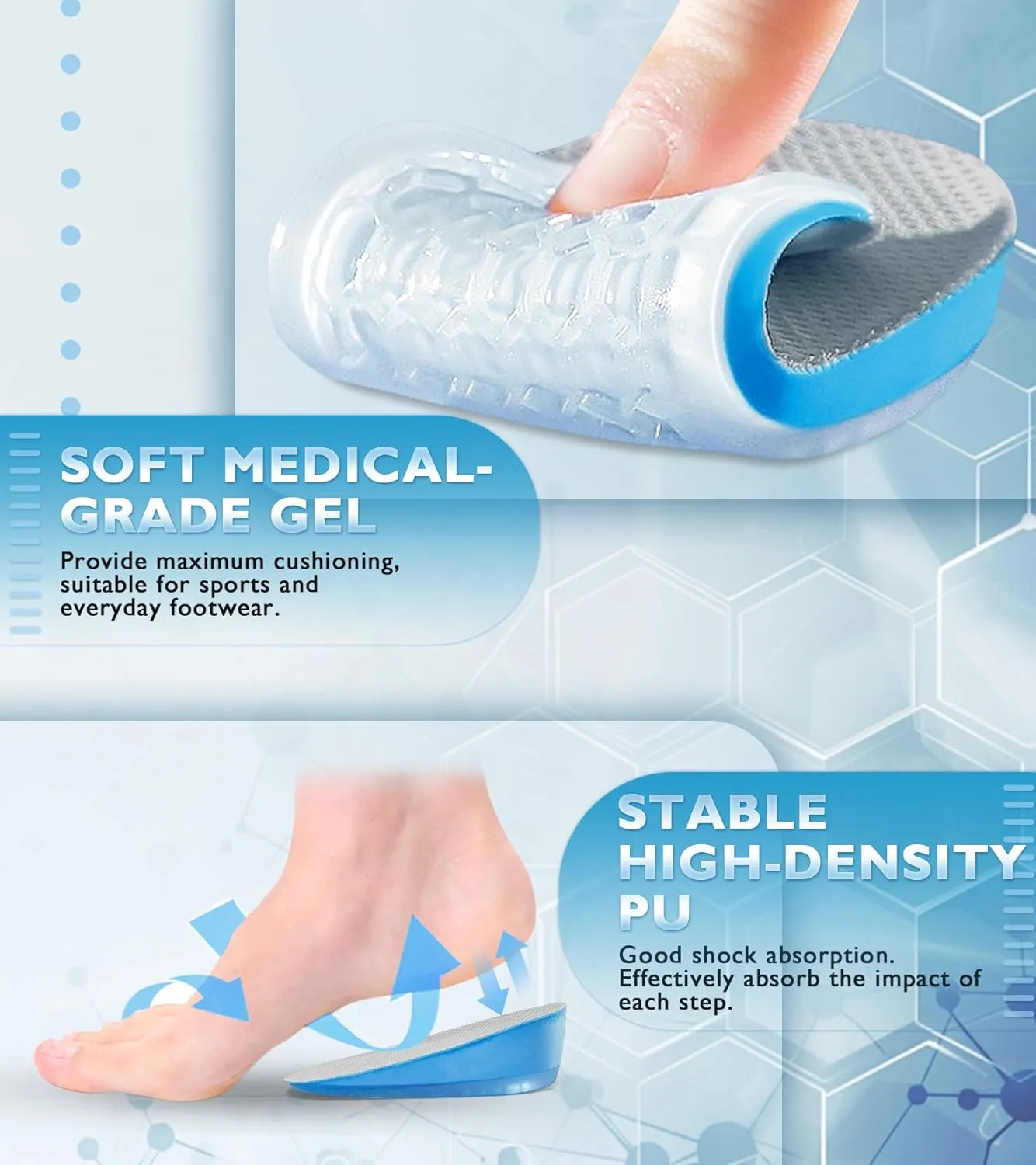 Ailaka Gel Height Increase Insoles, Shock Absorption Heel Cushion Pads, Height Lift Shoes Inserts for Men & Women