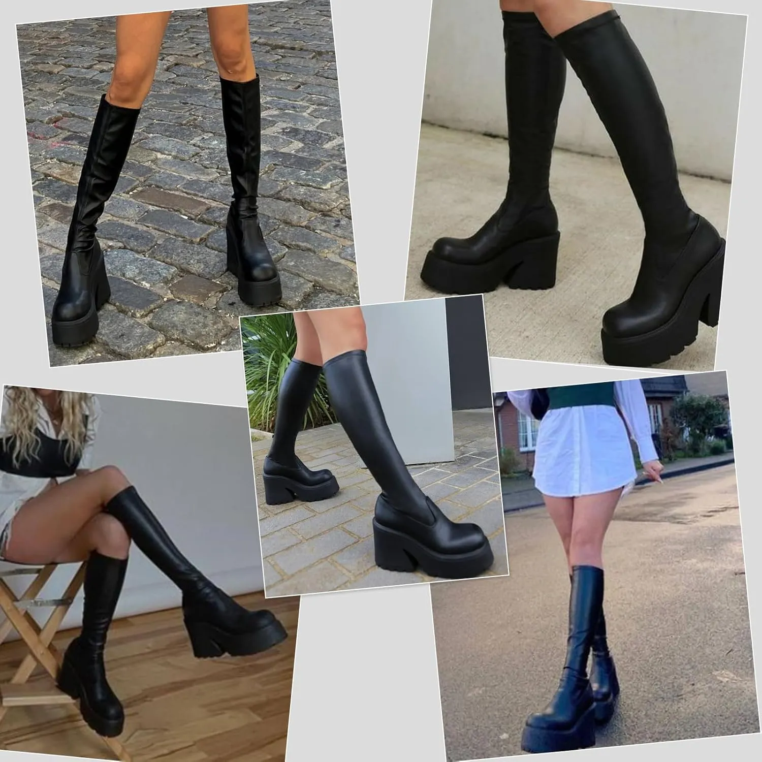 AMINUGAL Womens Elastic Knee High Platform Chunky Block High Heel Sock Boots Zipper Round Toe Fashion Motorcycle Combat Punk Boots For Women