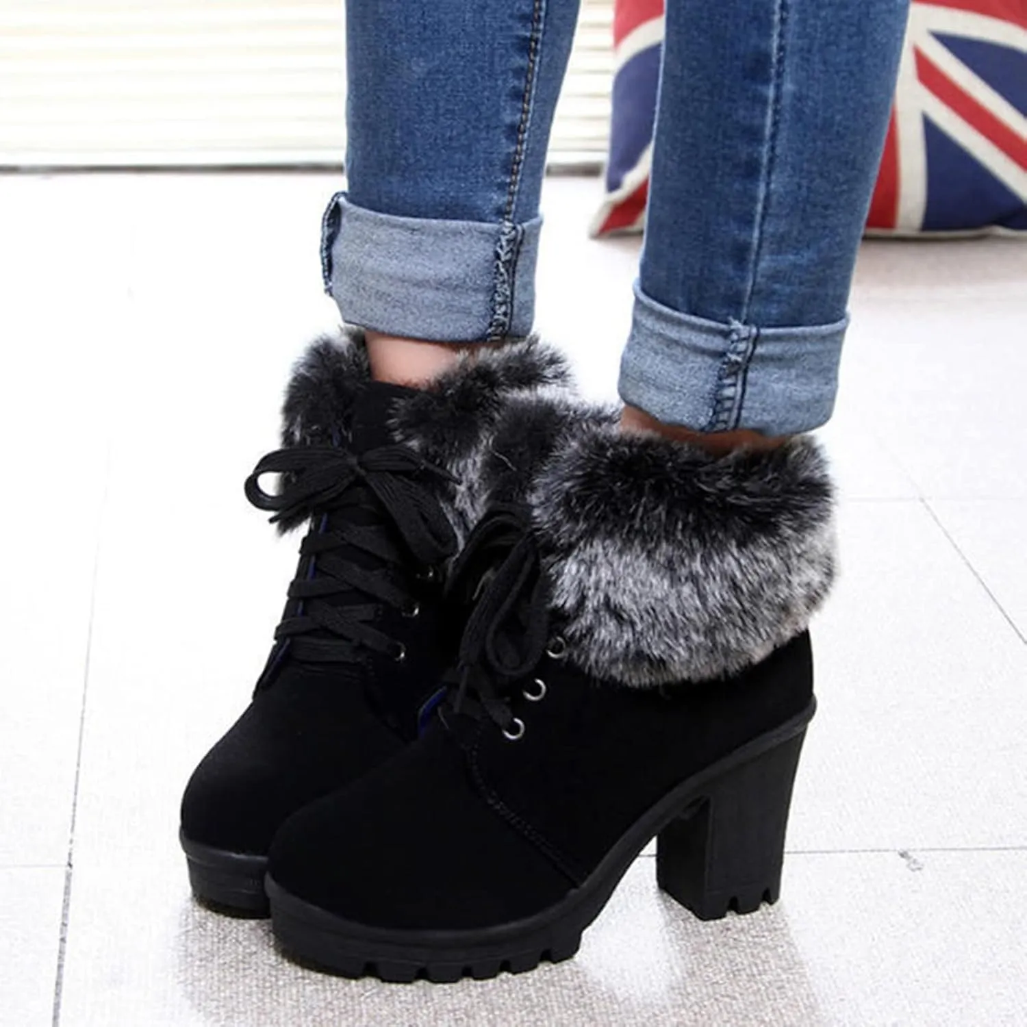 Aniywn Ankle Boots,Women Winter Chunky High Heels Boots Fall Combat Lace Up Booties Platform Shoes