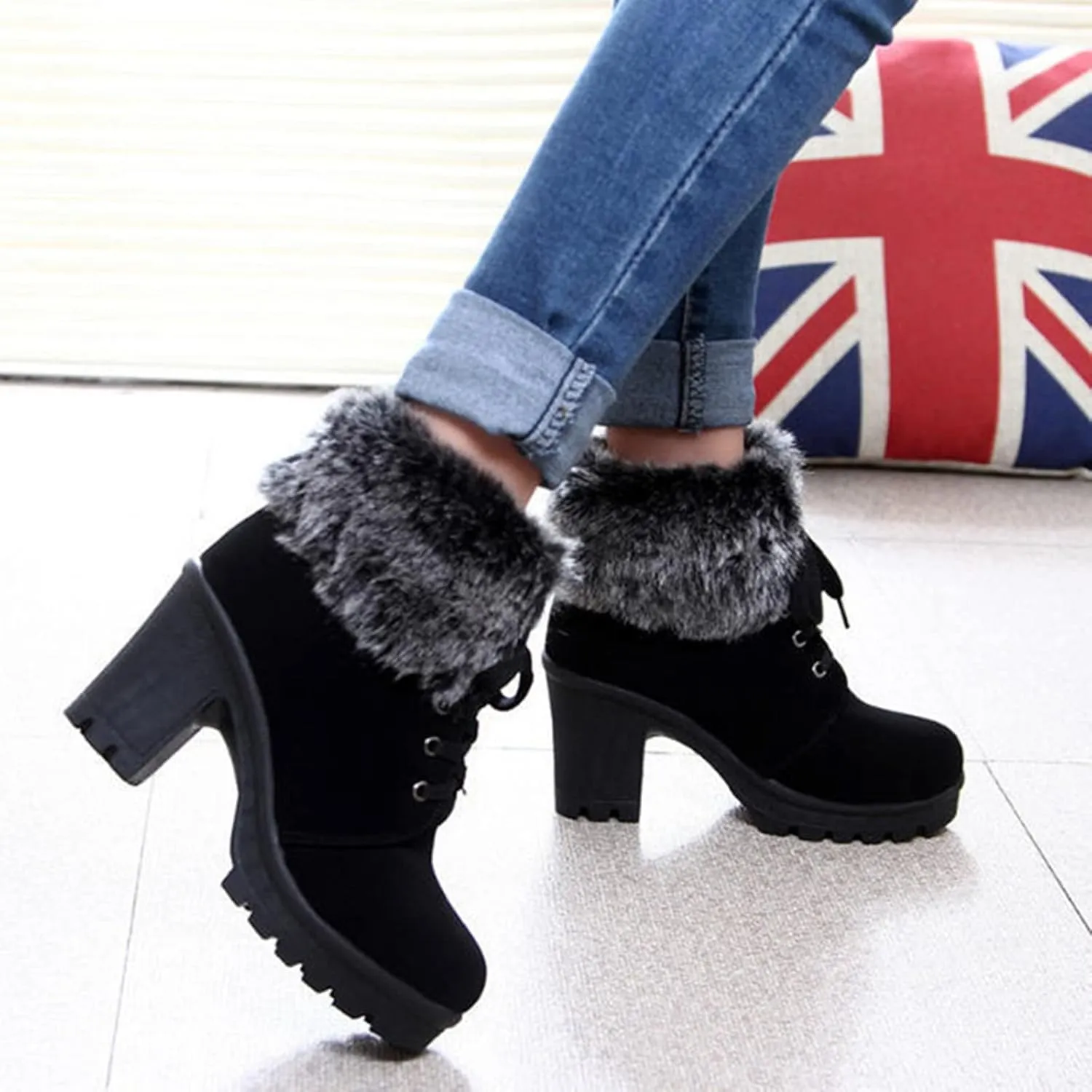 Aniywn Ankle Boots,Women Winter Chunky High Heels Boots Fall Combat Lace Up Booties Platform Shoes