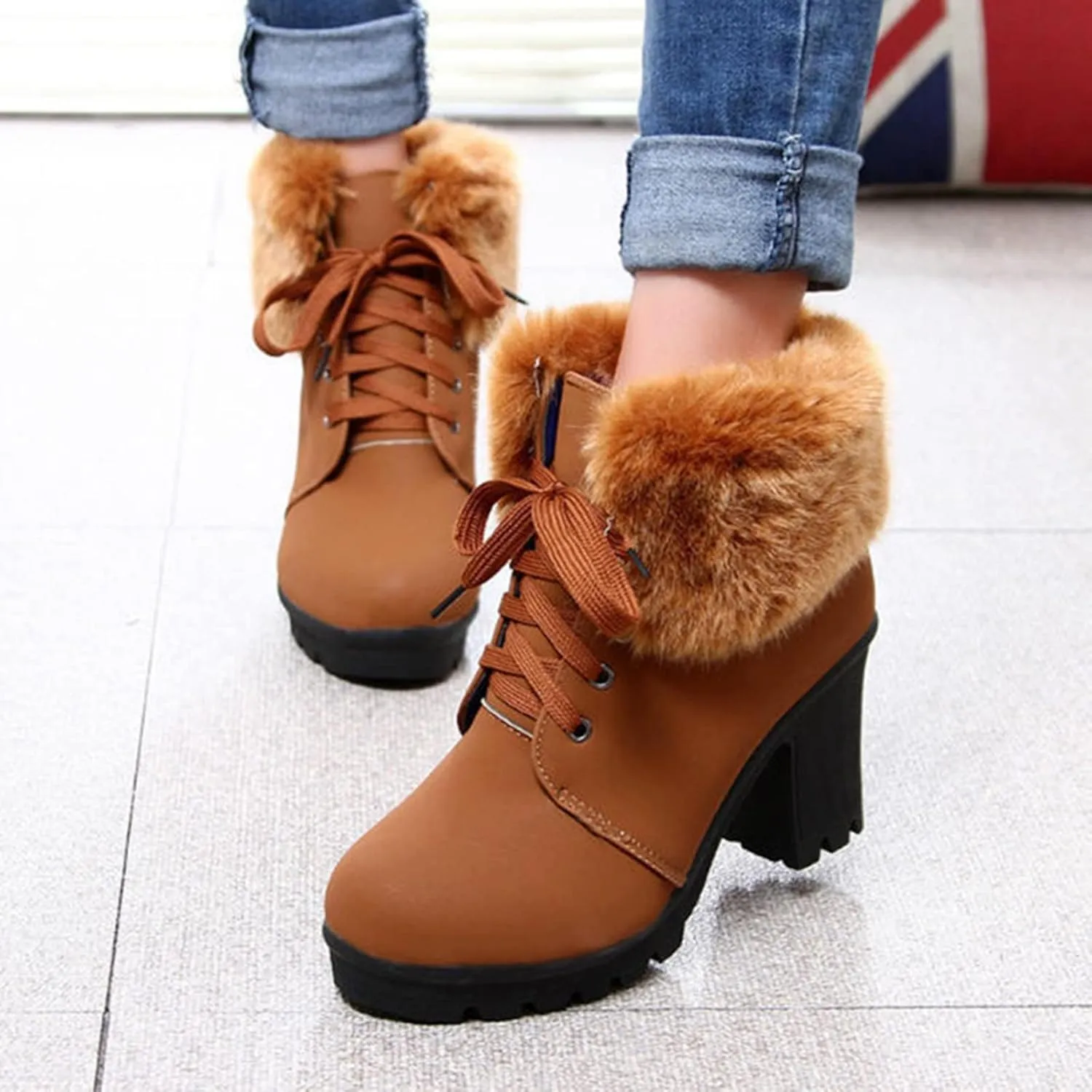 Aniywn Ankle Boots,Women Winter Chunky High Heels Boots Fall Combat Lace Up Booties Platform Shoes
