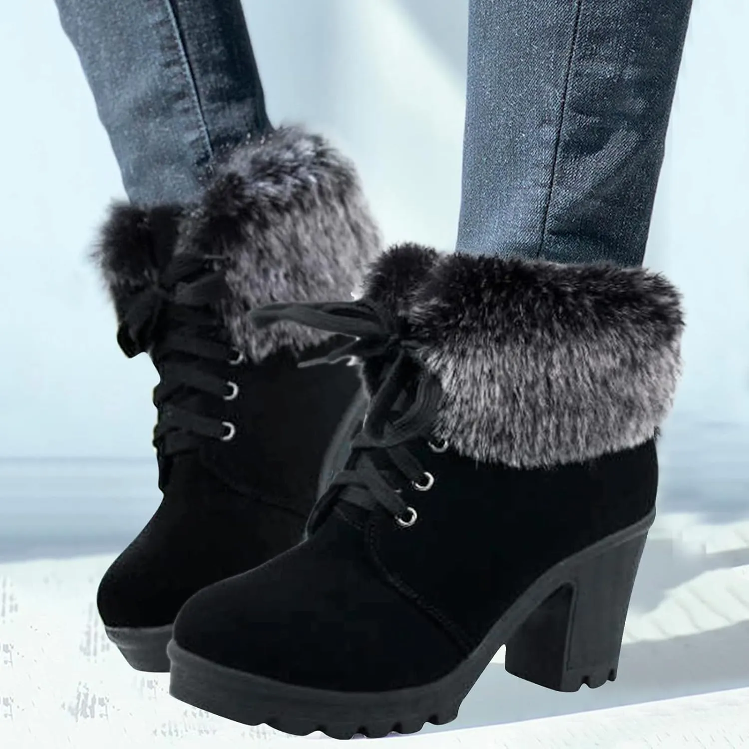 Aniywn Ankle Boots,Women Winter Chunky High Heels Boots Fall Combat Lace Up Booties Platform Shoes
