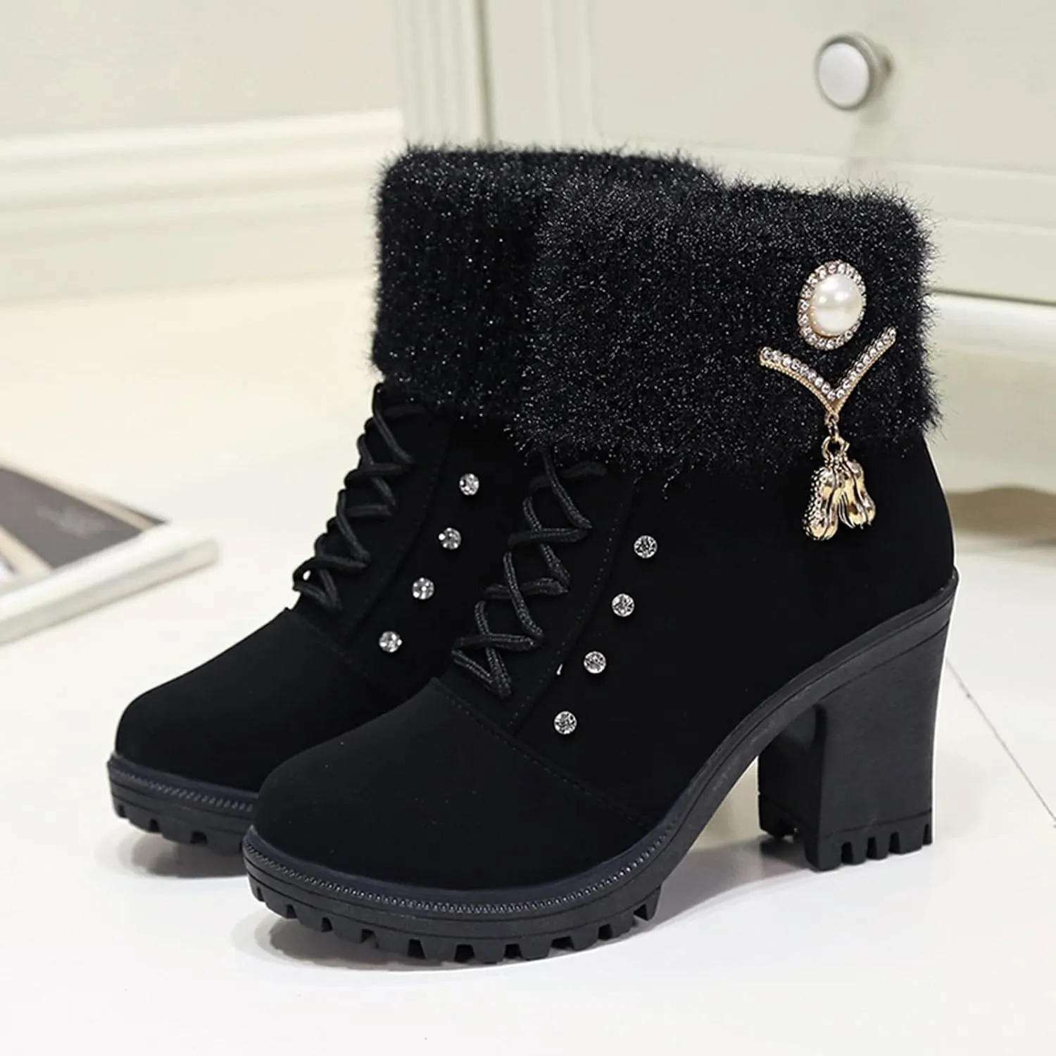 Aniywn Ankle Boots,Women Winter Chunky High Heels Boots Fall Combat Lace Up Booties Platform Shoes