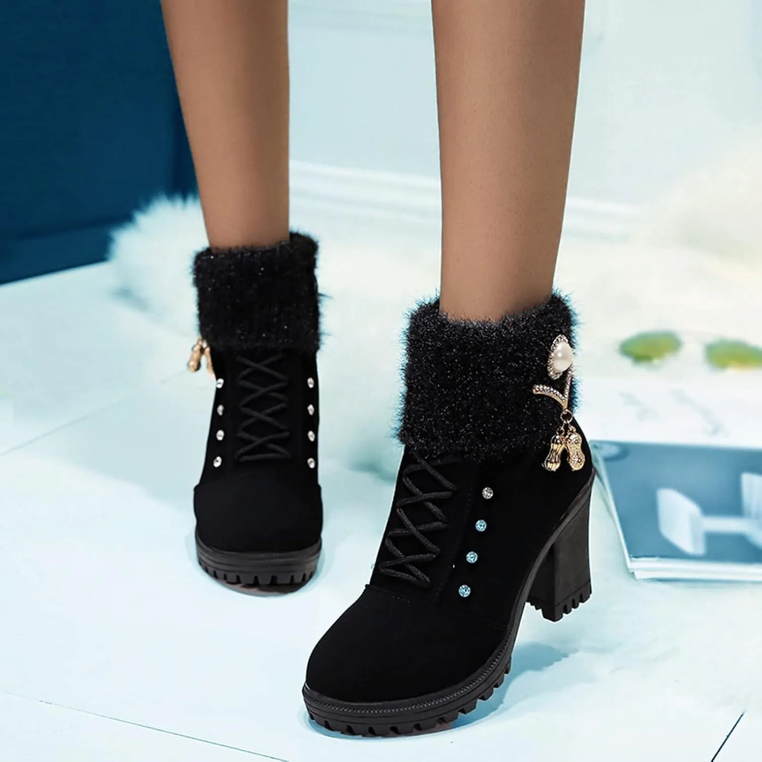 Aniywn Ankle Boots,Women Winter Chunky High Heels Boots Fall Combat Lace Up Booties Platform Shoes