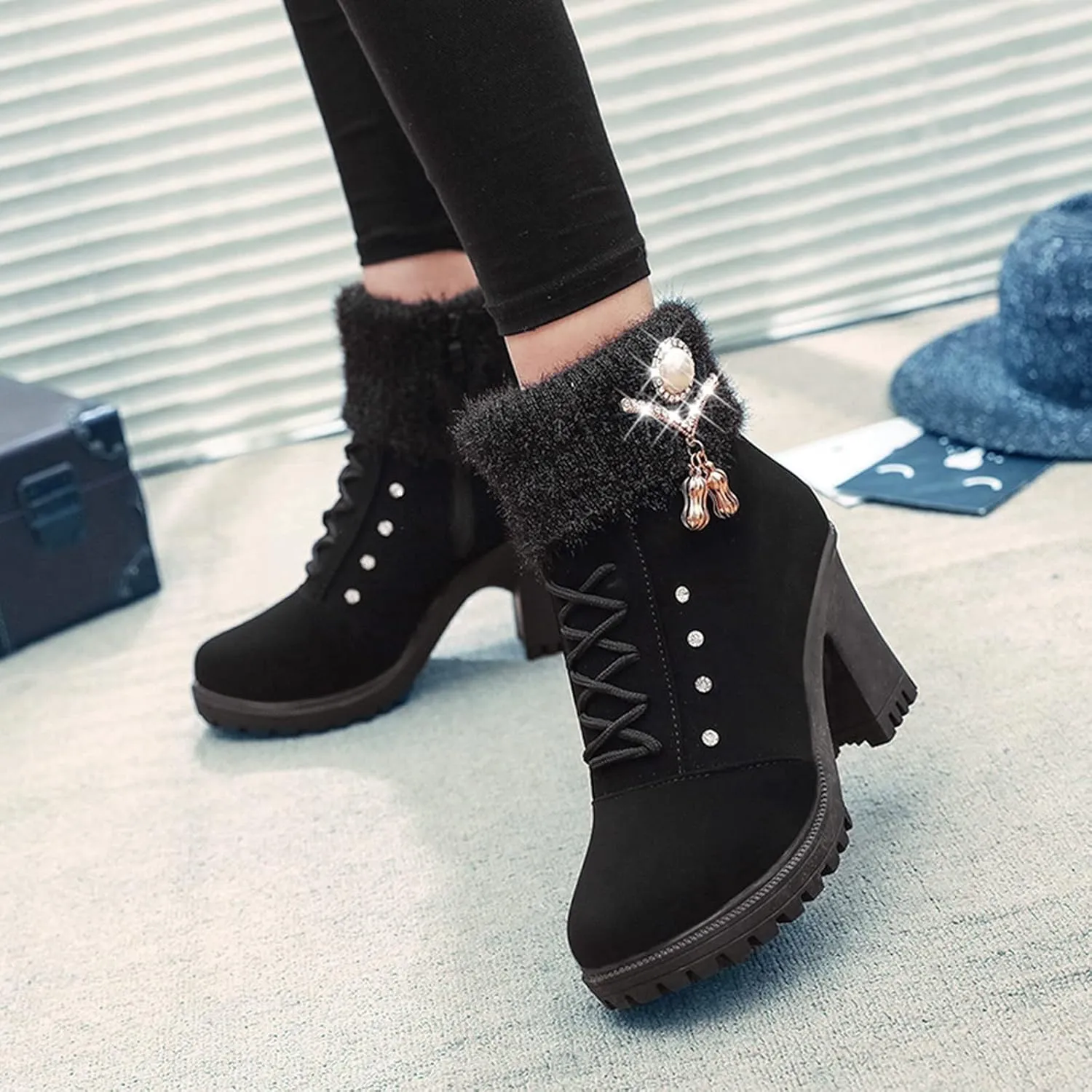 Aniywn Ankle Boots,Women Winter Chunky High Heels Boots Fall Combat Lace Up Booties Platform Shoes