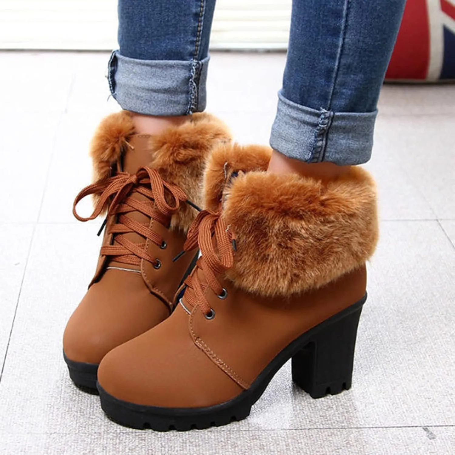 Aniywn Ankle Boots,Women Winter Chunky High Heels Boots Fall Combat Lace Up Booties Platform Shoes