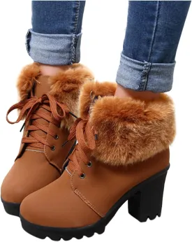 Aniywn Ankle Boots,Women Winter Chunky High Heels Boots Fall Combat Lace Up Booties Platform Shoes