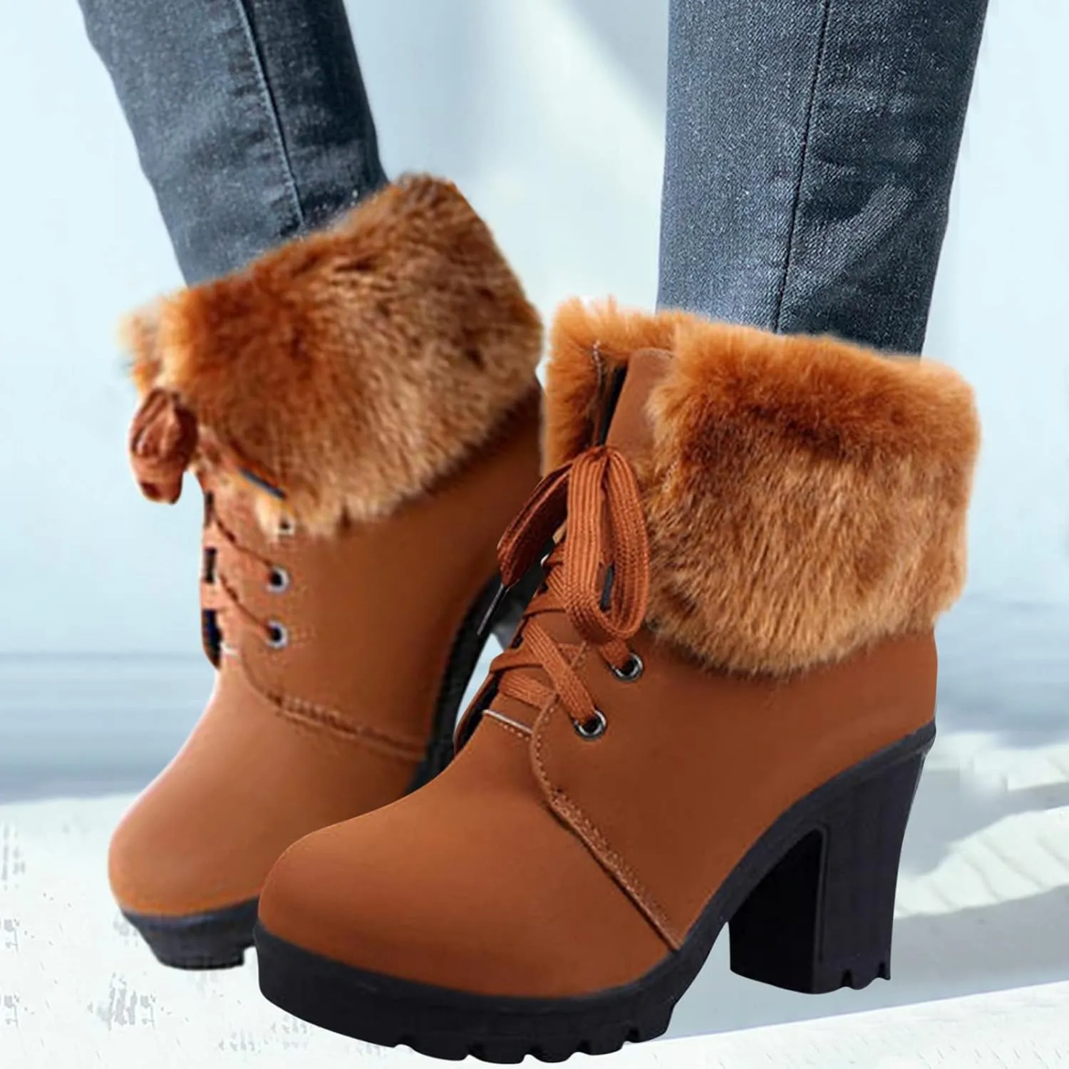 Aniywn Ankle Boots,Women Winter Chunky High Heels Boots Fall Combat Lace Up Booties Platform Shoes