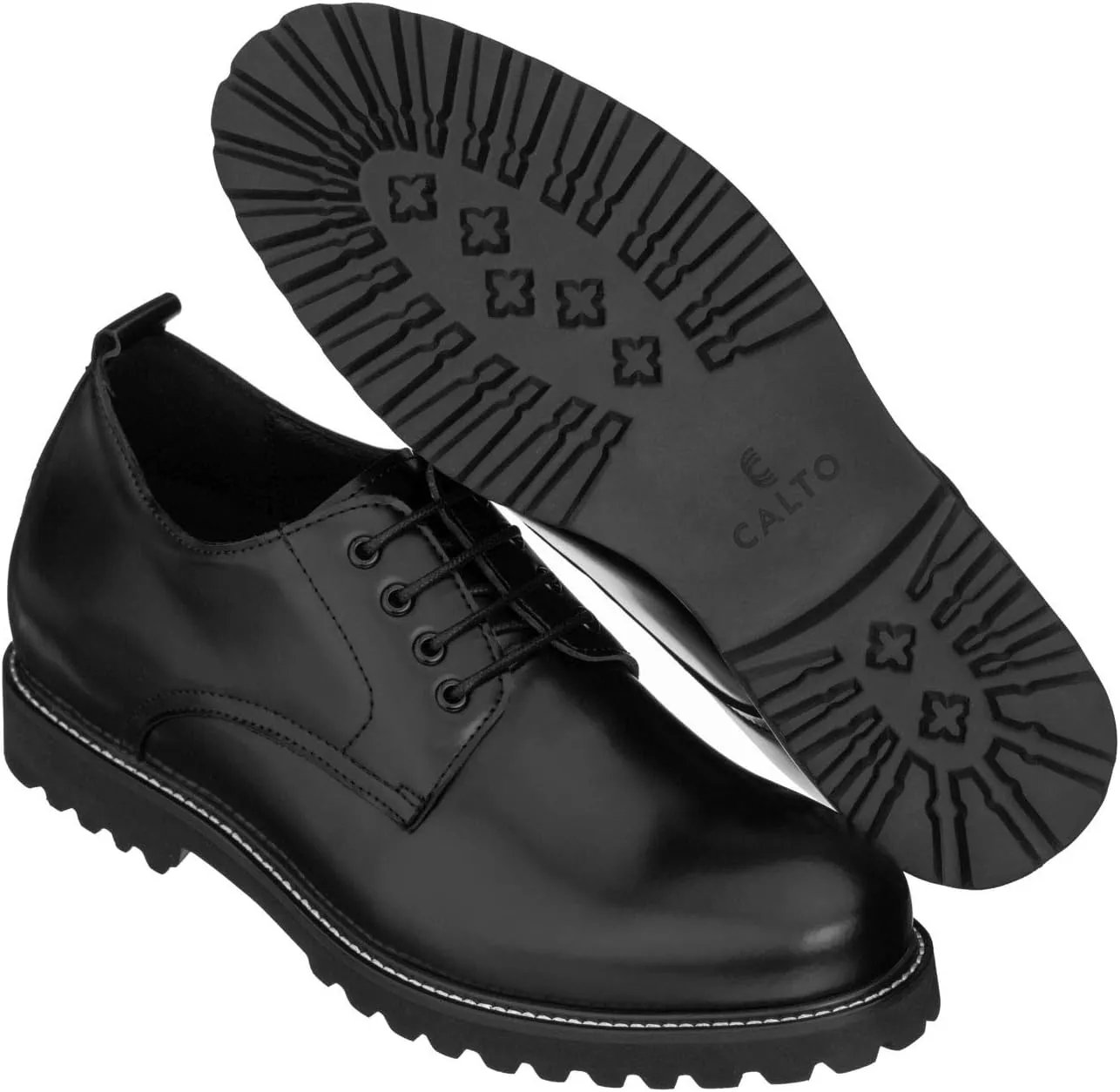 CALTO Men's Invisible Height Increasing Elevator Shoes - Black Leather Lace-up Low-top Work Boots - 3 Inches Taller - S9118- Size 7.5 D(M) US