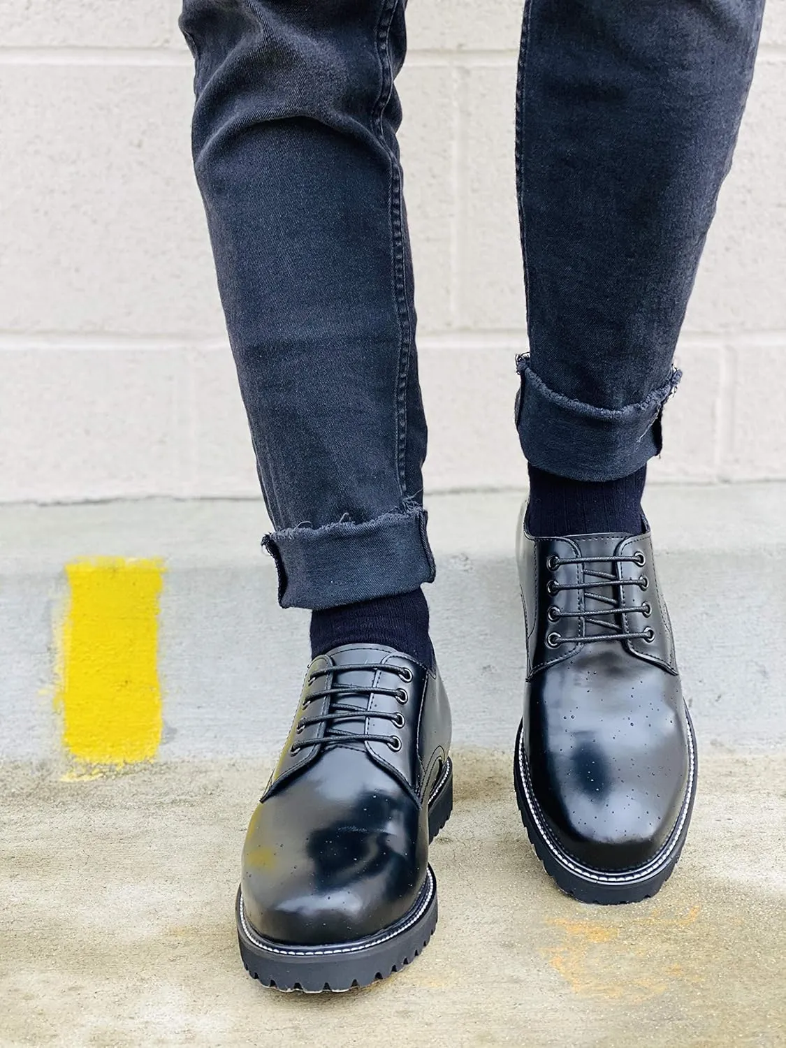 CALTO Men's Invisible Height Increasing Elevator Shoes - Black Leather Lace-up Low-top Work Boots - 3 Inches Taller - S9118- Size 7.5 D(M) US