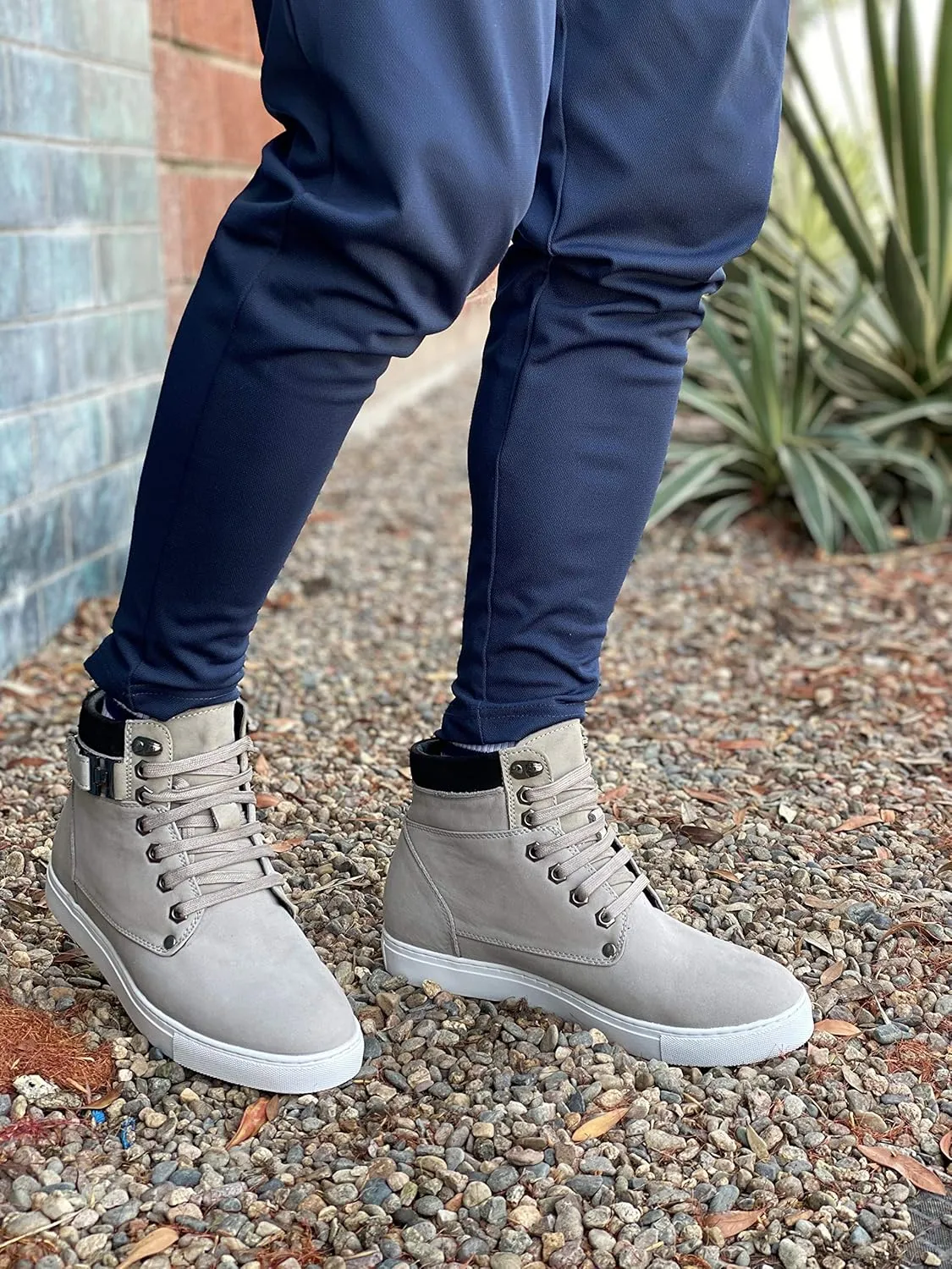 CALTO Men's Invisible Height Increasing Elevator Shoes - Grey Nubuck Leather Lace-up Fashion Sneakers - 2.6 Inches Taller - T53120 - Size 10 D(M) US