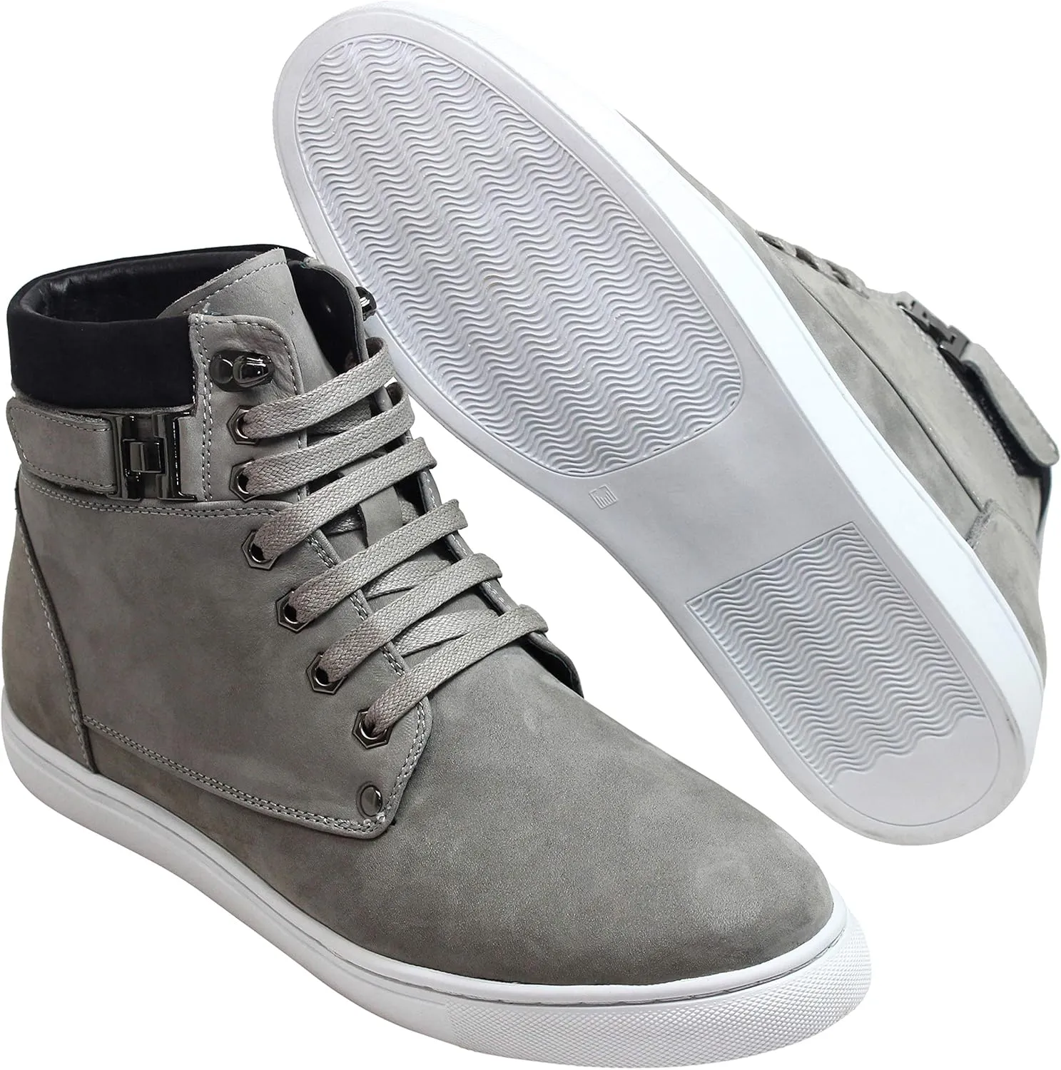 CALTO Men's Invisible Height Increasing Elevator Shoes - Grey Nubuck Leather Lace-up Fashion Sneakers - 2.6 Inches Taller - T53120 - Size 10 D(M) US