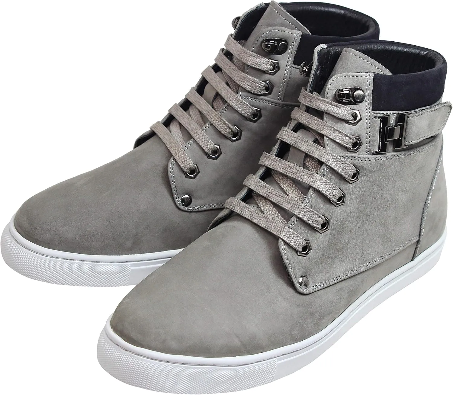 CALTO Men's Invisible Height Increasing Elevator Shoes - Grey Nubuck Leather Lace-up Fashion Sneakers - 2.6 Inches Taller - T53120 - Size 10 D(M) US