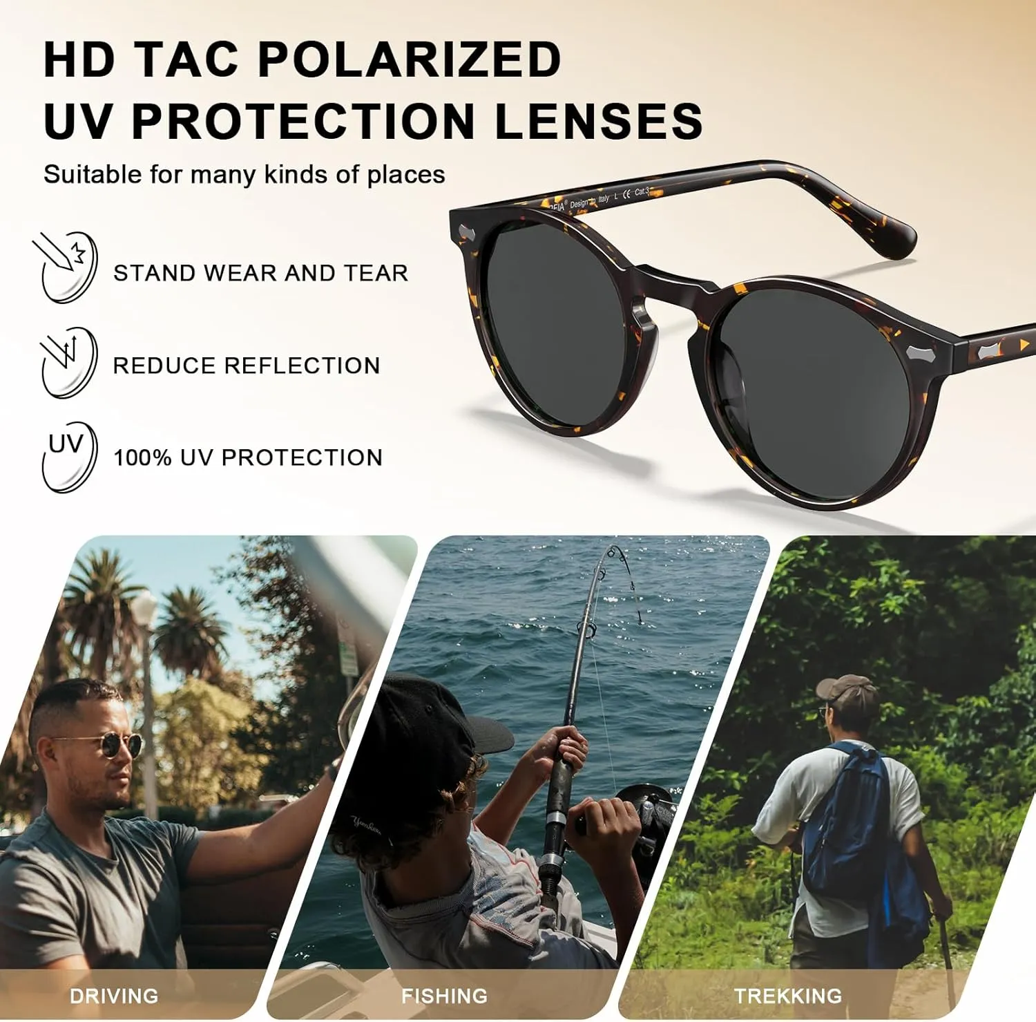 CARFIA Acetate Polarized Sunglasses for Men Retro Classic Round Shades