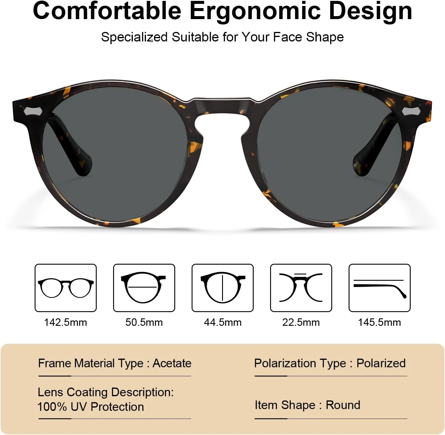 CARFIA Acetate Polarized Sunglasses for Men Retro Classic Round Shades