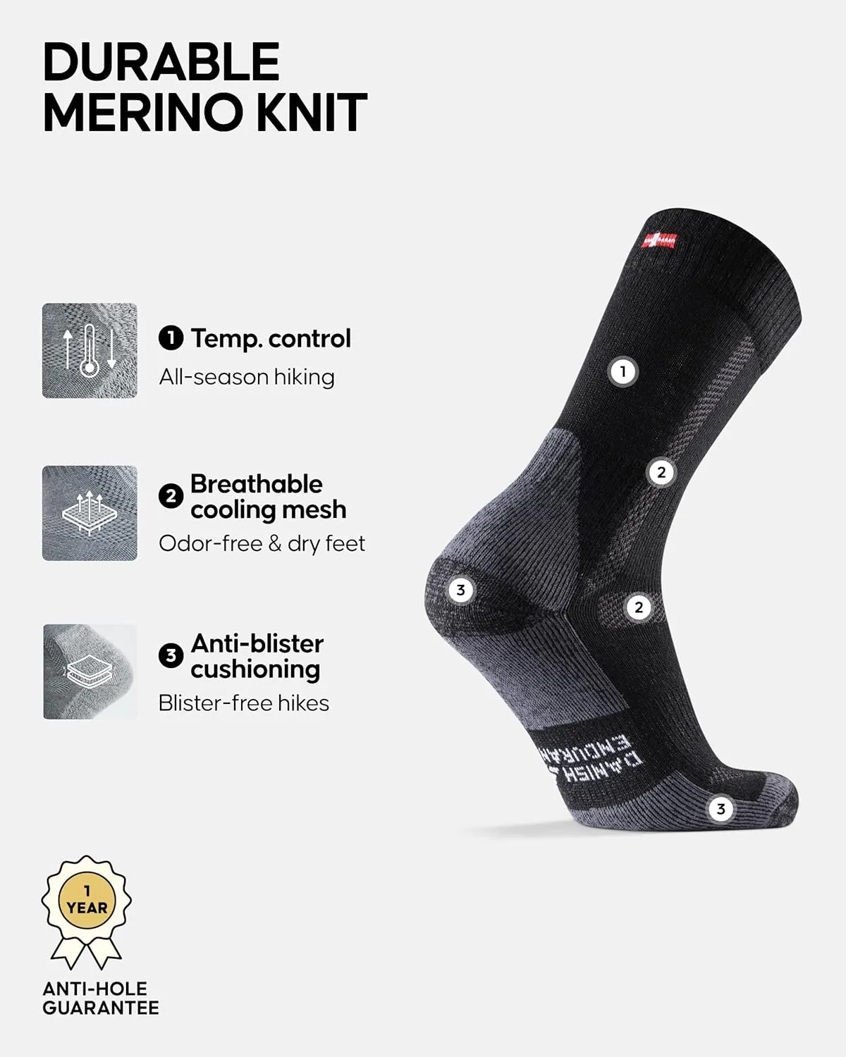 DANISH ENDURANCE Hiking Socks, Merino Wool Socks, Anti Blister, Cushioned, Breathable, Men & Women, 3-Pack