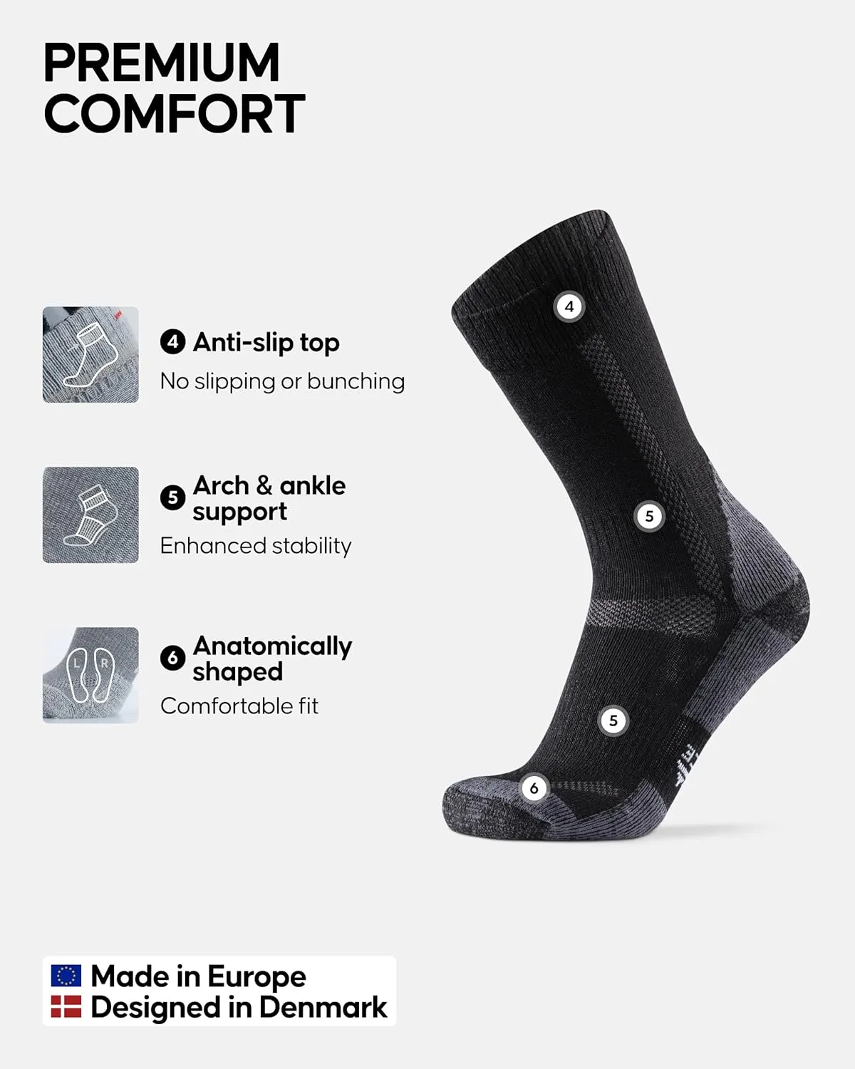 DANISH ENDURANCE Hiking Socks, Merino Wool Socks, Anti Blister, Cushioned, Breathable, Men & Women, 3-Pack