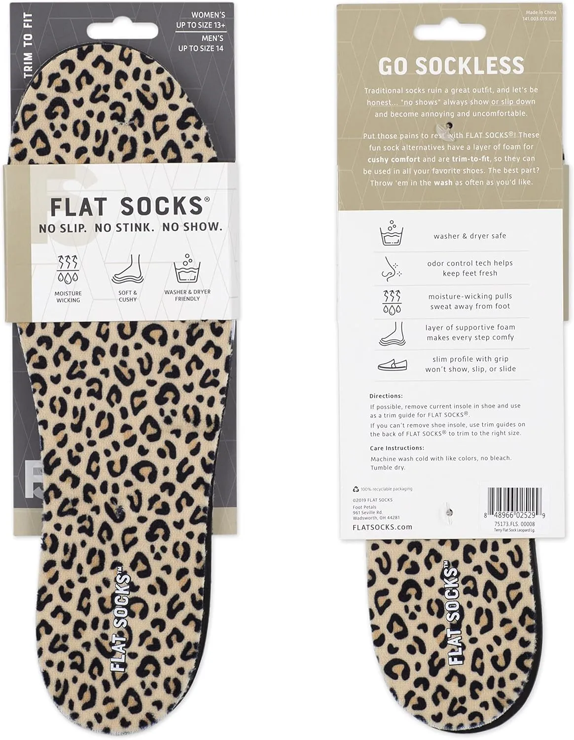 FLAT SOCKS Womens No Show Socks, Sockless Shoe Liner, No Slipping, No Stinking, Washable Barefoot Shoe Insert, Animal Print