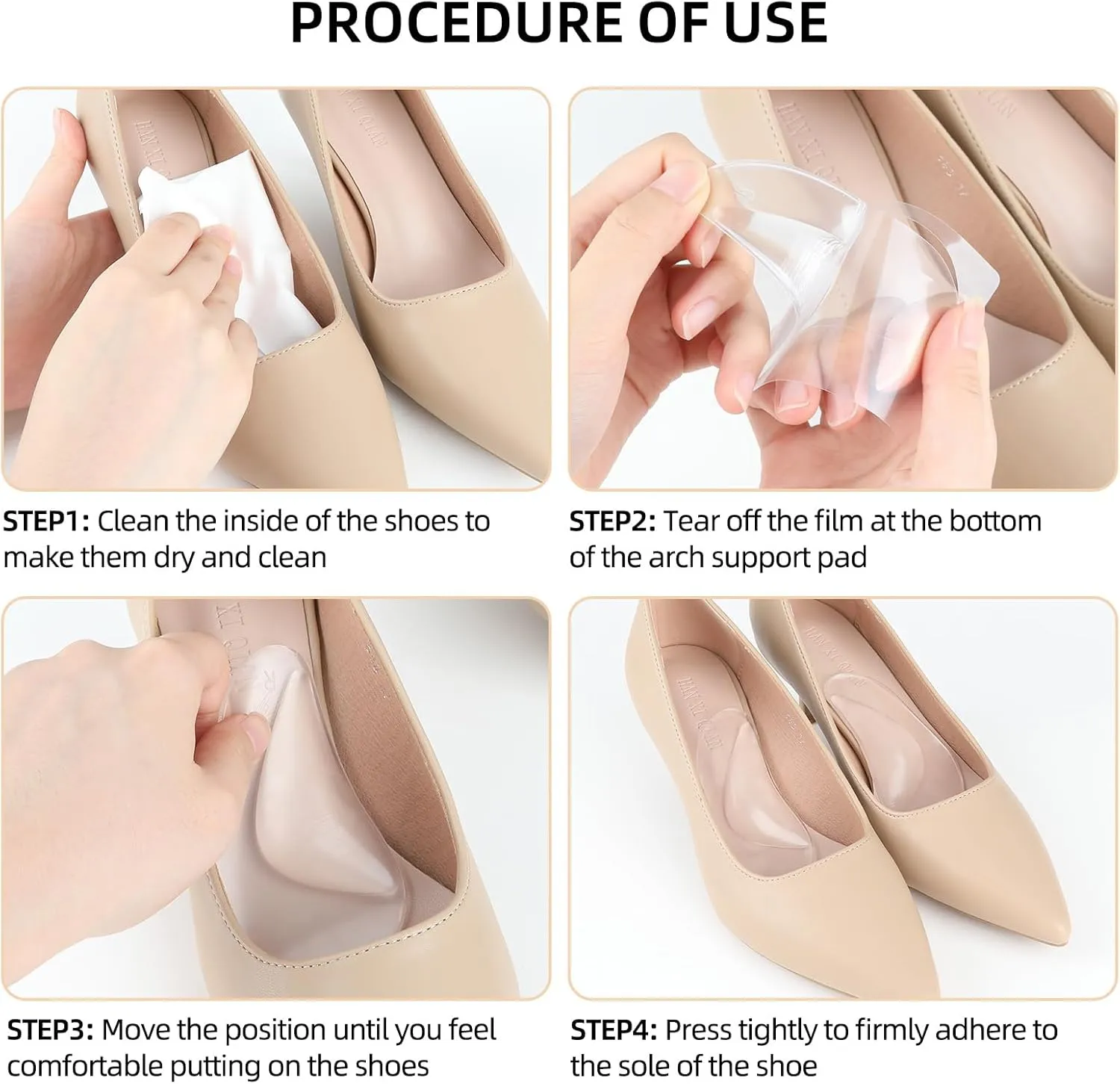 FlyCoco Arch Support Inserts, Adhesive Pad Shoe Insoles for Flat Feet, Plantar Fasciitis, Silicone Cushions for Pain Relief, High Heels, Flat Shoes - Women, Men (6 Pairs, Clear)
