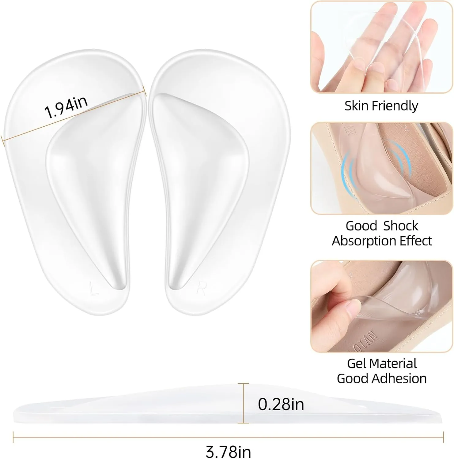 FlyCoco Arch Support Inserts, Adhesive Pad Shoe Insoles for Flat Feet, Plantar Fasciitis, Silicone Cushions for Pain Relief, High Heels, Flat Shoes - Women, Men (6 Pairs, Clear)