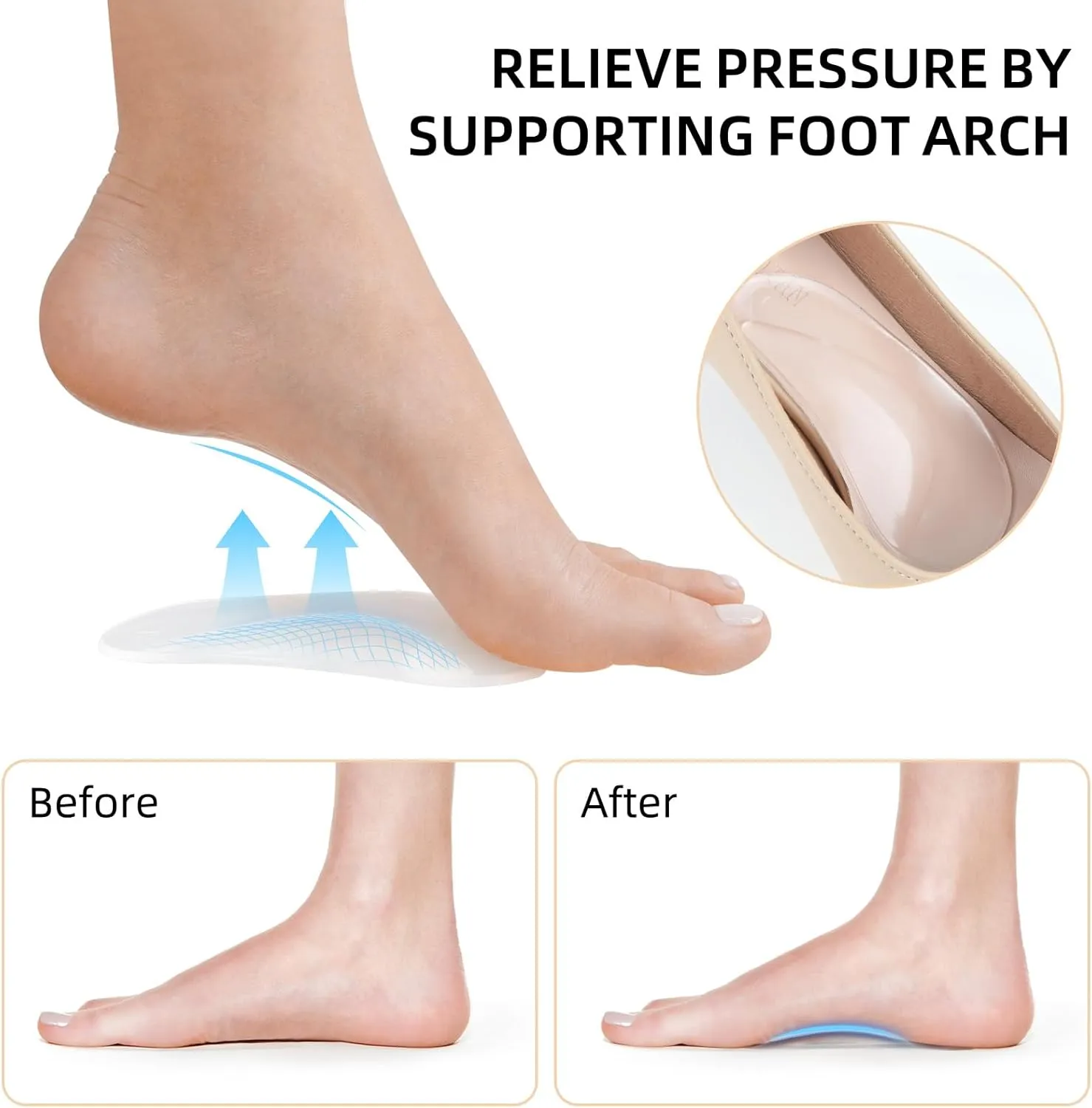FlyCoco Arch Support Inserts, Adhesive Pad Shoe Insoles for Flat Feet, Plantar Fasciitis, Silicone Cushions for Pain Relief, High Heels, Flat Shoes - Women, Men (6 Pairs, Clear)