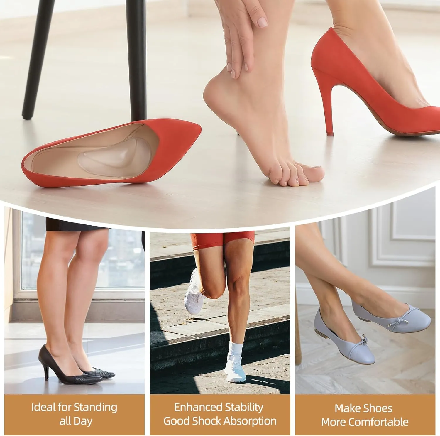 FlyCoco Arch Support Inserts, Adhesive Pad Shoe Insoles for Flat Feet, Plantar Fasciitis, Silicone Cushions for Pain Relief, High Heels, Flat Shoes - Women, Men (6 Pairs, Clear)