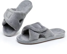 Git-up Women's Adjustable Diabetic Slippers Memory Foam House Shoes Cozy Arch Support Orthotic Heel Cup Arthritis Edema Slippers Non Slip Rubber Sole, Open Toe Fuzzy Slide Sandals for Ladies