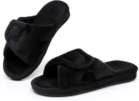 Git-up Women's Adjustable Diabetic Slippers Memory Foam House Shoes Cozy Arch Support Orthotic Heel Cup Arthritis Edema Slippers Non Slip Rubber Sole, Open Toe Fuzzy Slide Sandals for Ladies