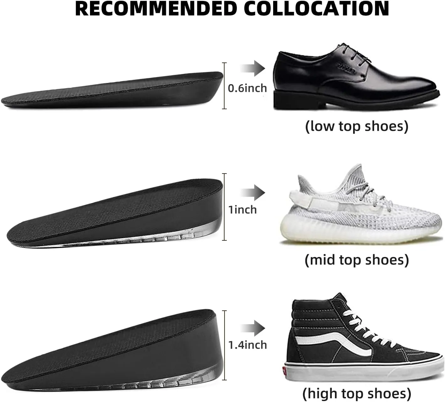 Height Increase Insoles, Heel Lift Pad, Gel Height Increase Insoles, Shock Absorption Heel Cushion Pads, Height Lift Shoes Inserts for Men & Women (Large (9-12), 1 Inch (2 Pairs) Black)