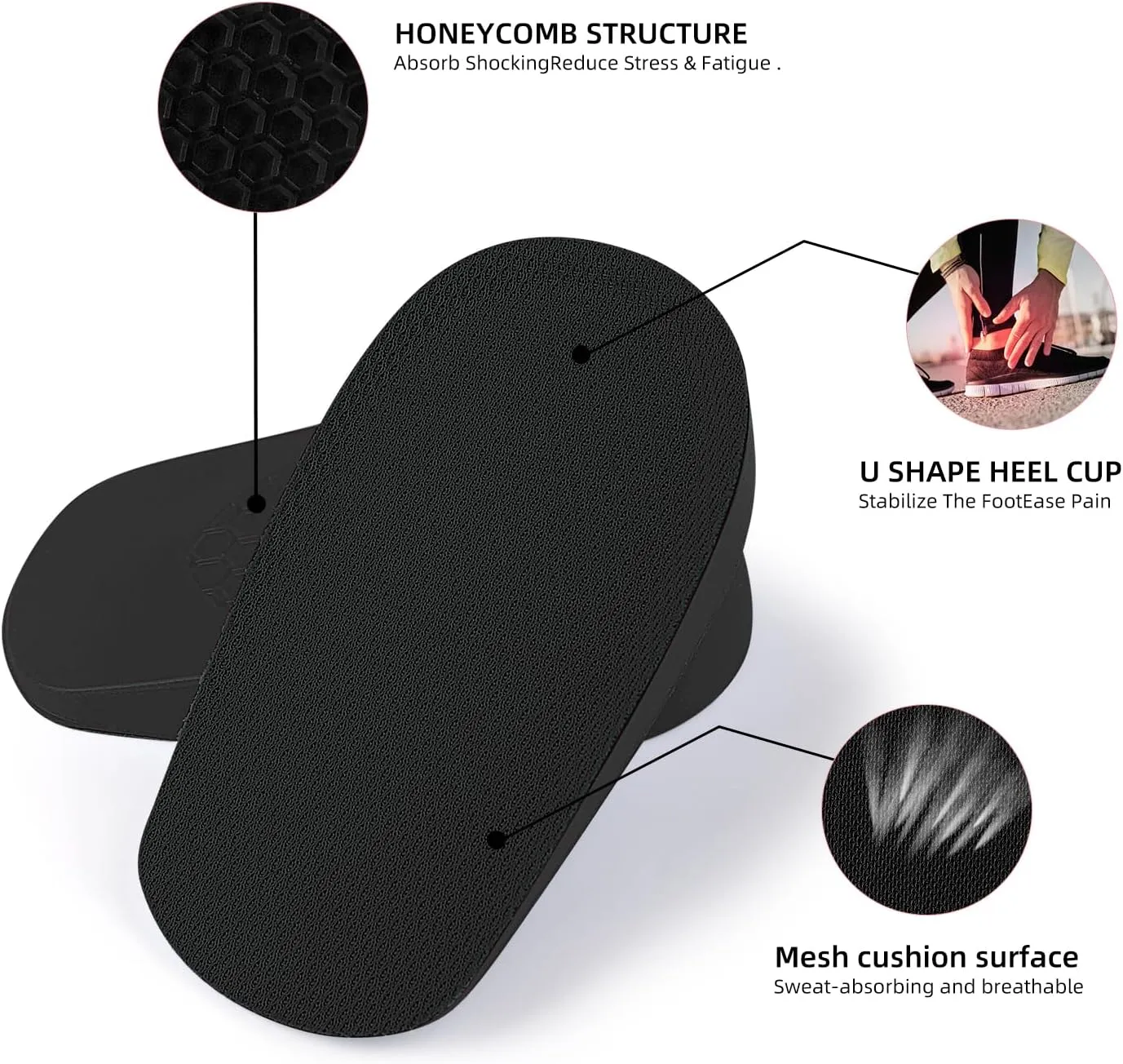 Height Increase Insoles, Heel Lift Pad, Gel Height Increase Insoles, Shock Absorption Heel Cushion Pads, Height Lift Shoes Inserts for Men & Women (Large (9-12), 1 Inch (2 Pairs) Black)