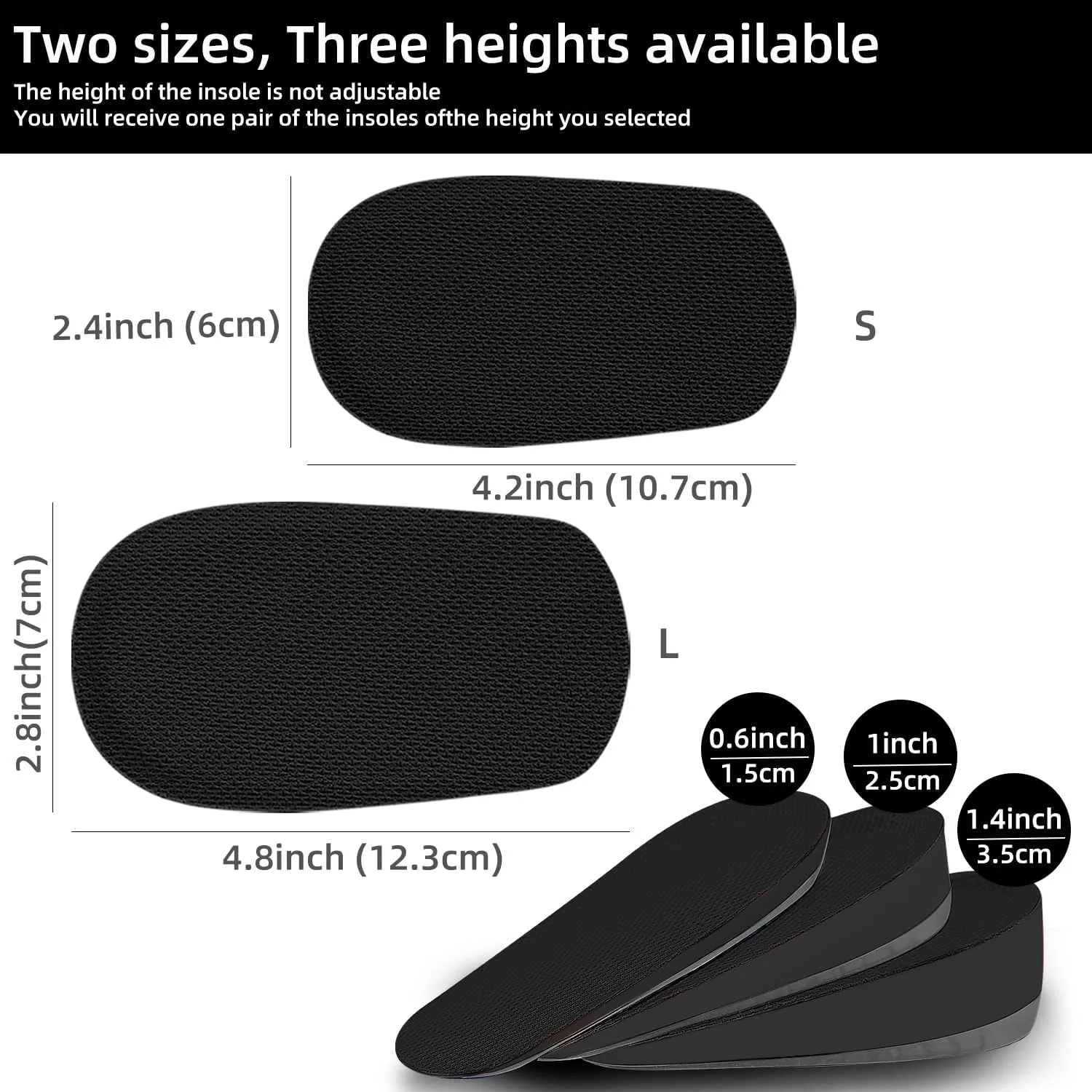 Height Increase Insoles, Heel Lift Pad, Gel Height Increase Insoles, Shock Absorption Heel Cushion Pads, Height Lift Shoes Inserts for Men & Women (Large (9-12), 1 Inch (2 Pairs) Black)