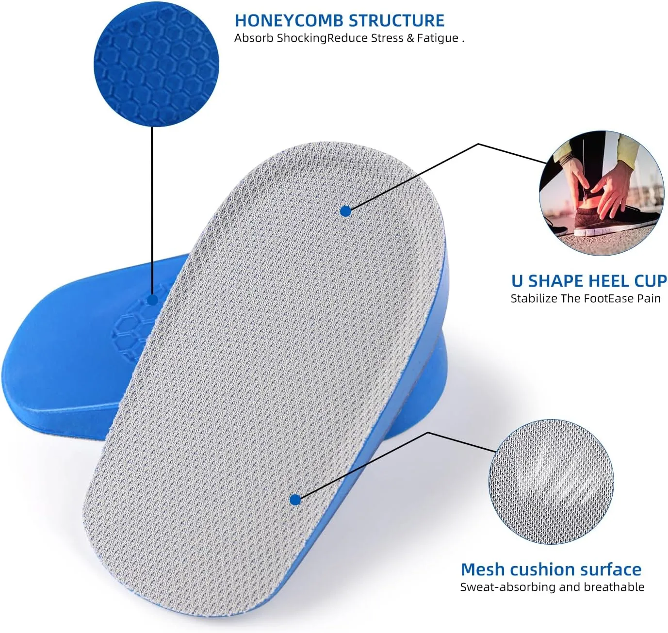 Height Increase Insoles, Heel Lift Pad, Gel Height Increase Insoles, Shock Absorption Heel Cushion Pads, Height Lift Shoes Inserts for Men & Women (Small (5-9), 1.4 Inch (2 Pairs) Blue)
