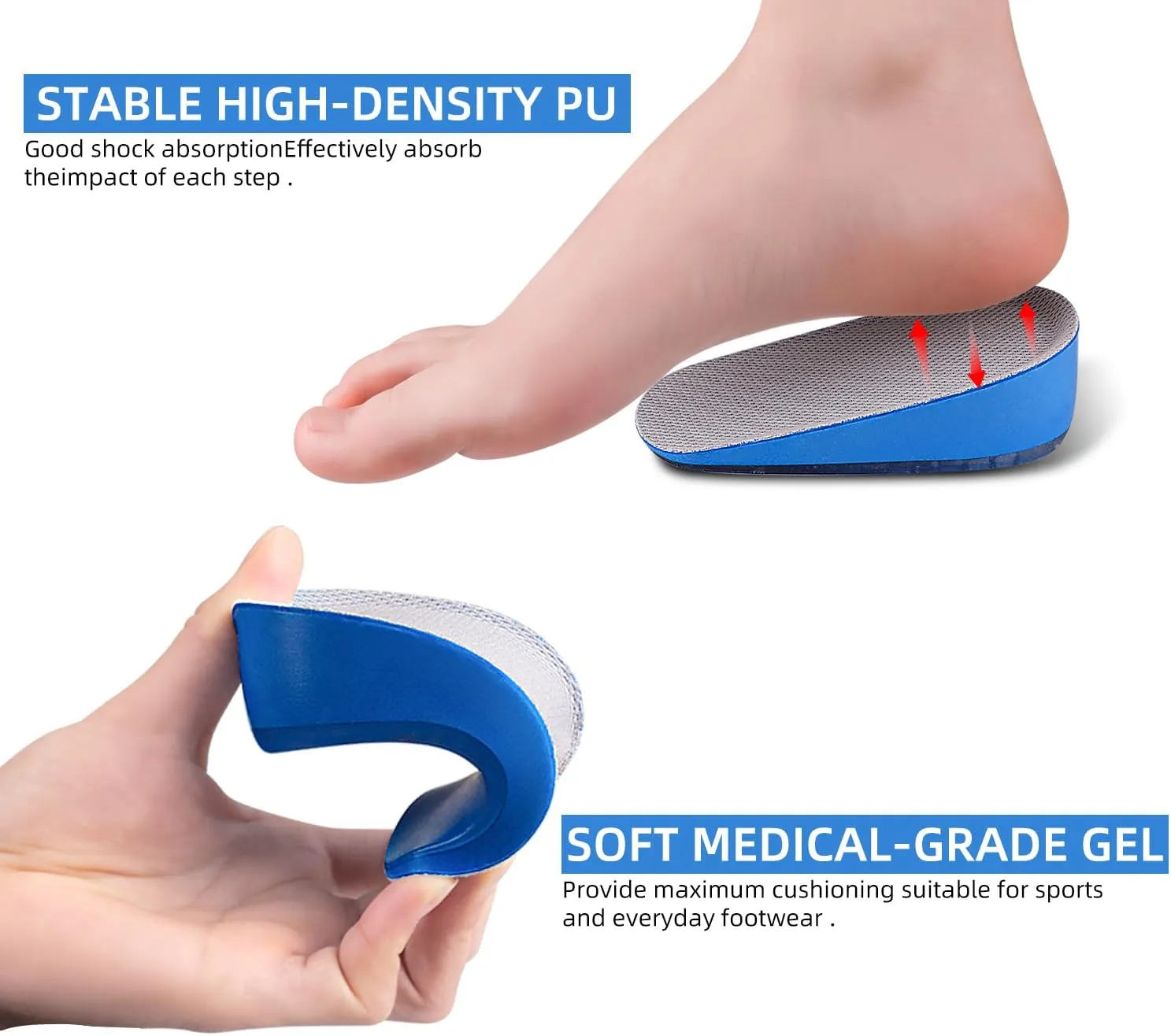 Height Increase Insoles, Heel Lift Pad, Gel Height Increase Insoles, Shock Absorption Heel Cushion Pads, Height Lift Shoes Inserts for Men & Women (Small (5-9), 1.4 Inch (2 Pairs) Blue)