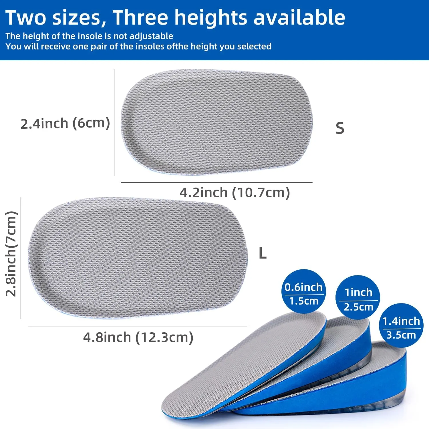 Height Increase Insoles, Heel Lift Pad, Gel Height Increase Insoles, Shock Absorption Heel Cushion Pads, Height Lift Shoes Inserts for Men & Women (Small (5-9), 1.4 Inch (2 Pairs) Blue)