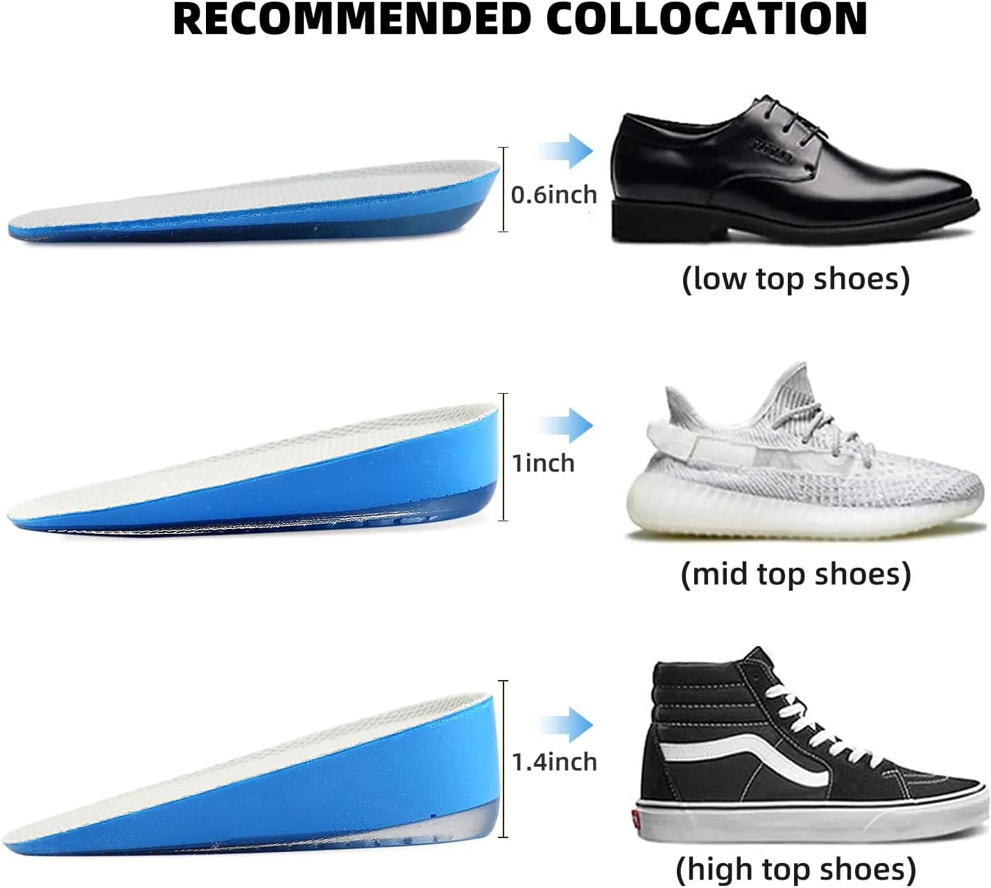 Height Increase Insoles, Heel Lift Pad, Gel Height Increase Insoles, Shock Absorption Heel Cushion Pads, Height Lift Shoes Inserts for Men & Women (Small (5-9), 1.4 Inch (2 Pairs) Blue)