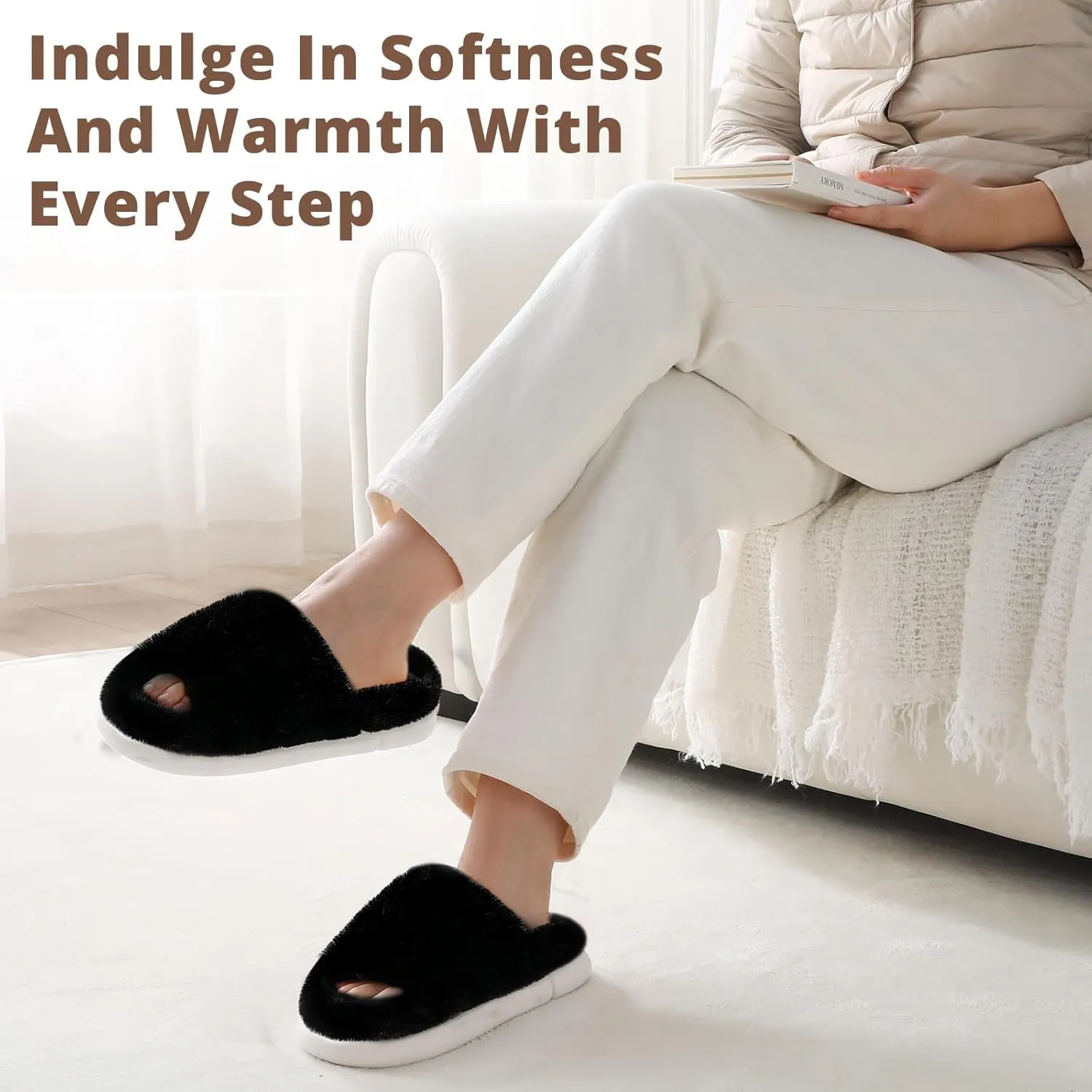 HUXMEYSON Slippers for Women, Fuzzy Faux Fur Memory Foam House Slippers, Flulffy Open Toe Cozy House Shoes Indoor Outdoor Flat Spa Slide Sandals