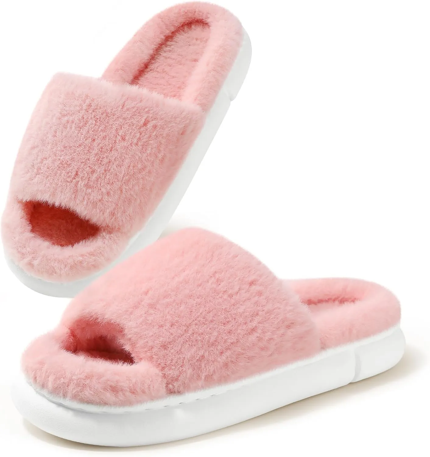 HUXMEYSON Slippers for Women, Fuzzy Faux Fur Memory Foam House Slippers, Flulffy Open Toe Cozy House Shoes Indoor Outdoor Flat Spa Slide Sandals