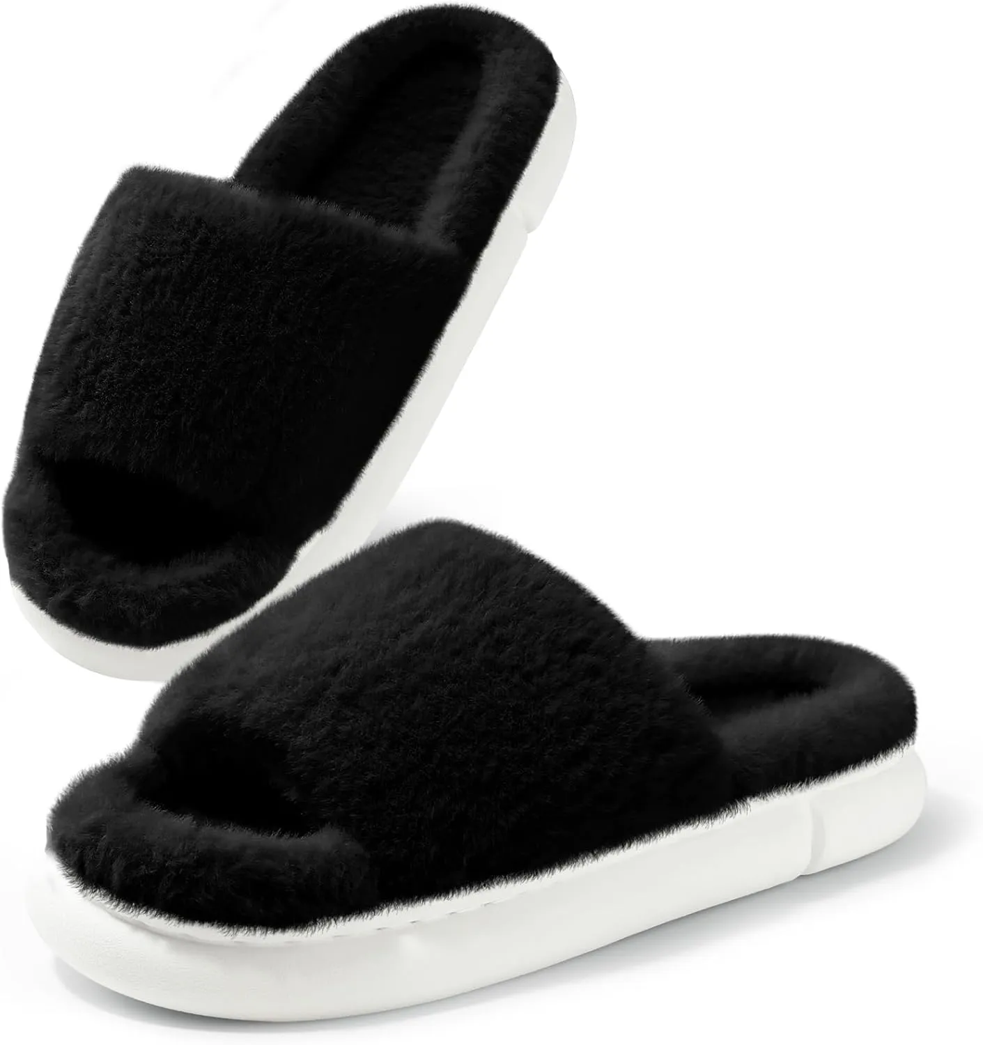 HUXMEYSON Slippers for Women, Fuzzy Faux Fur Memory Foam House Slippers, Flulffy Open Toe Cozy House Shoes Indoor Outdoor Flat Spa Slide Sandals