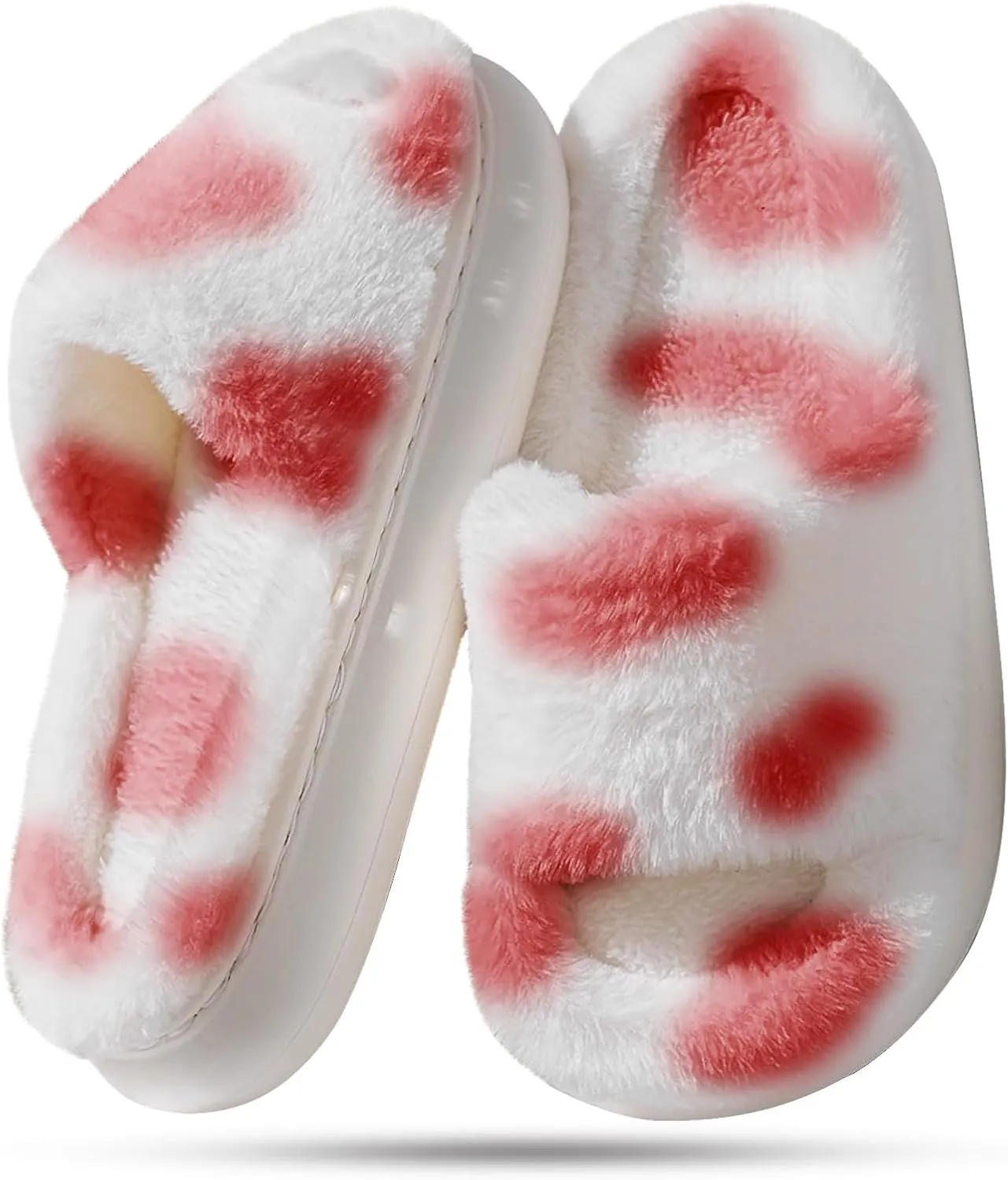 HUXMEYSON Slippers for Women, Fuzzy Faux Fur Memory Foam House Slippers, Flulffy Open Toe Cozy House Shoes Indoor Outdoor Flat Spa Slide Sandals