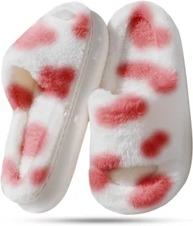 HUXMEYSON Slippers for Women, Fuzzy Faux Fur Memory Foam House Slippers, Flulffy Open Toe Cozy House Shoes Indoor Outdoor Flat Spa Slide Sandals