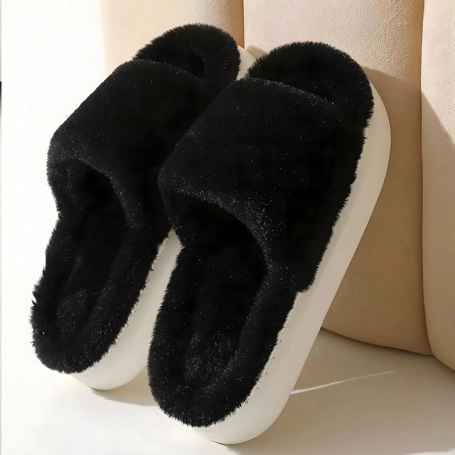 HUXMEYSON Slippers for Women, Fuzzy Faux Fur Memory Foam House Slippers, Flulffy Open Toe Cozy House Shoes Indoor Outdoor Flat Spa Slide Sandals