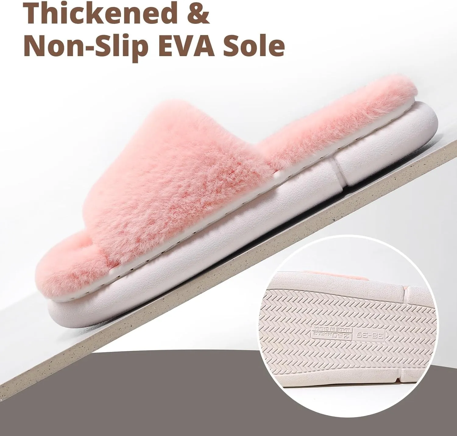 HUXMEYSON Slippers for Women, Fuzzy Faux Fur Memory Foam House Slippers, Flulffy Open Toe Cozy House Shoes Indoor Outdoor Flat Spa Slide Sandals