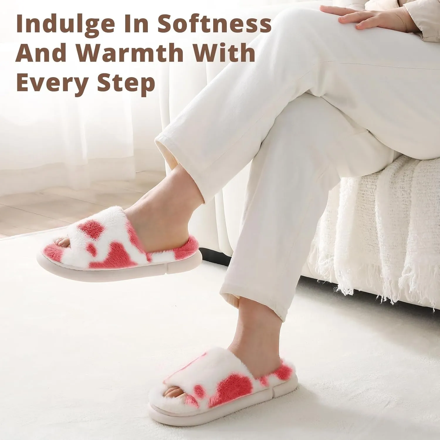 HUXMEYSON Slippers for Women, Fuzzy Faux Fur Memory Foam House Slippers, Flulffy Open Toe Cozy House Shoes Indoor Outdoor Flat Spa Slide Sandals