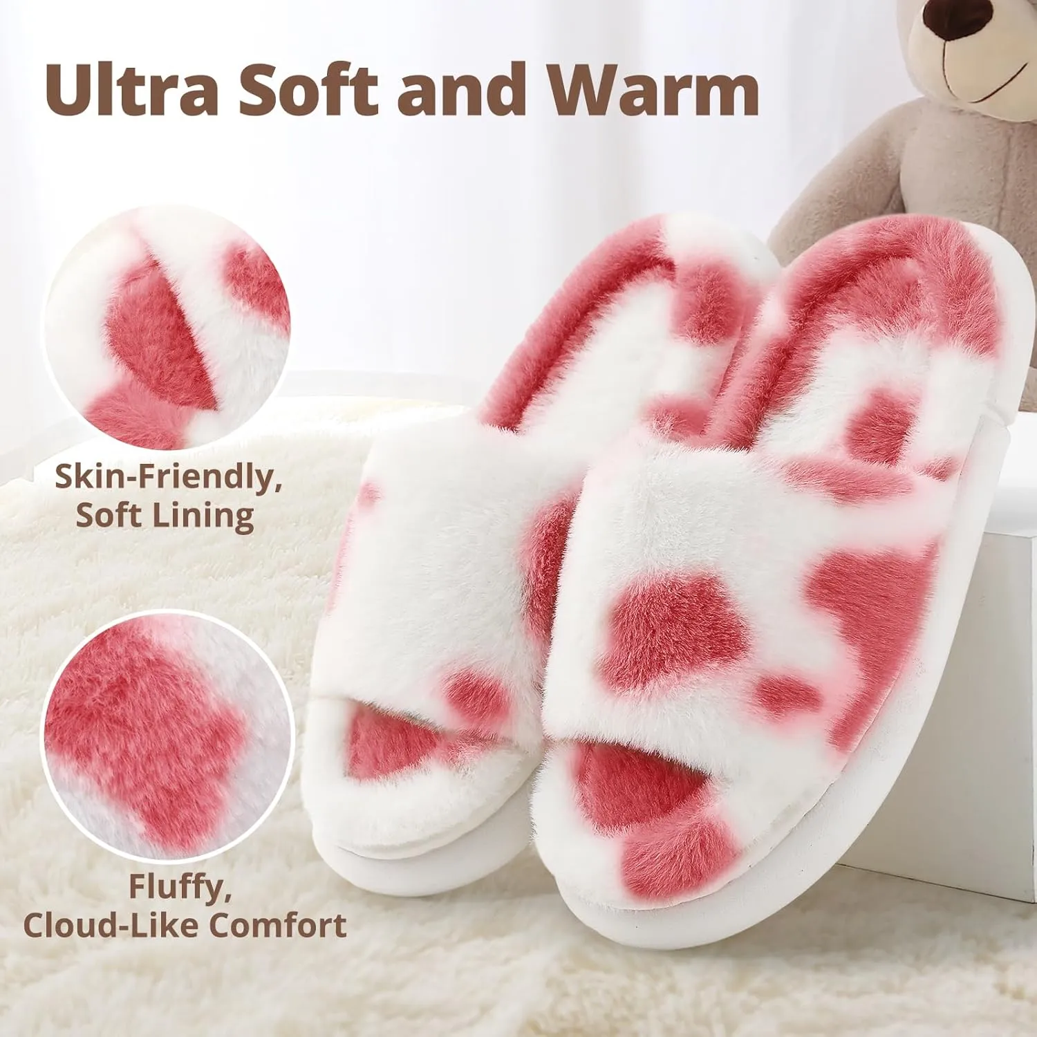 HUXMEYSON Slippers for Women, Fuzzy Faux Fur Memory Foam House Slippers, Flulffy Open Toe Cozy House Shoes Indoor Outdoor Flat Spa Slide Sandals